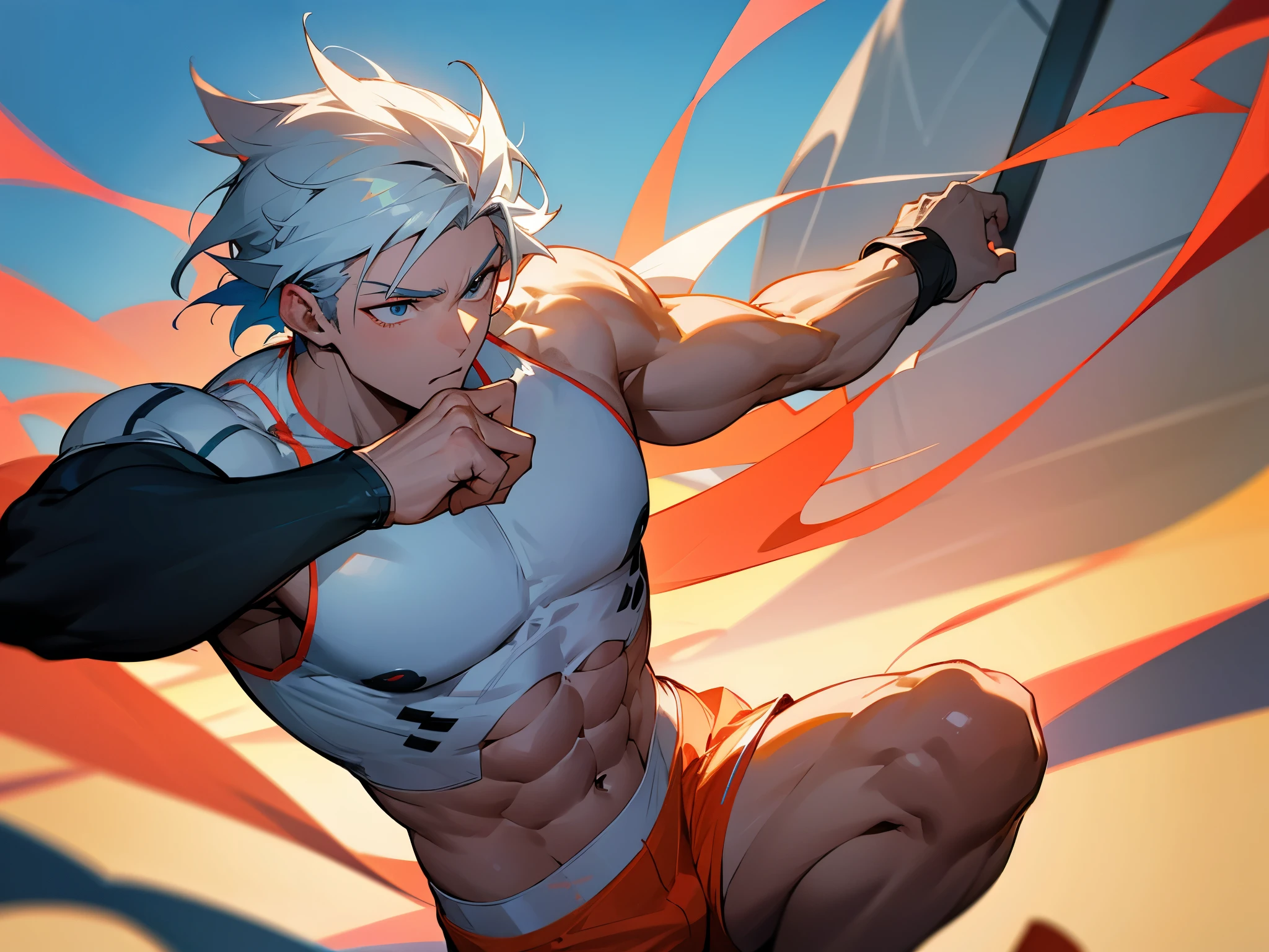 One athletic anime guy engaged in a sport, only top face of body ultra high res, 8K, HD, Masterpiece