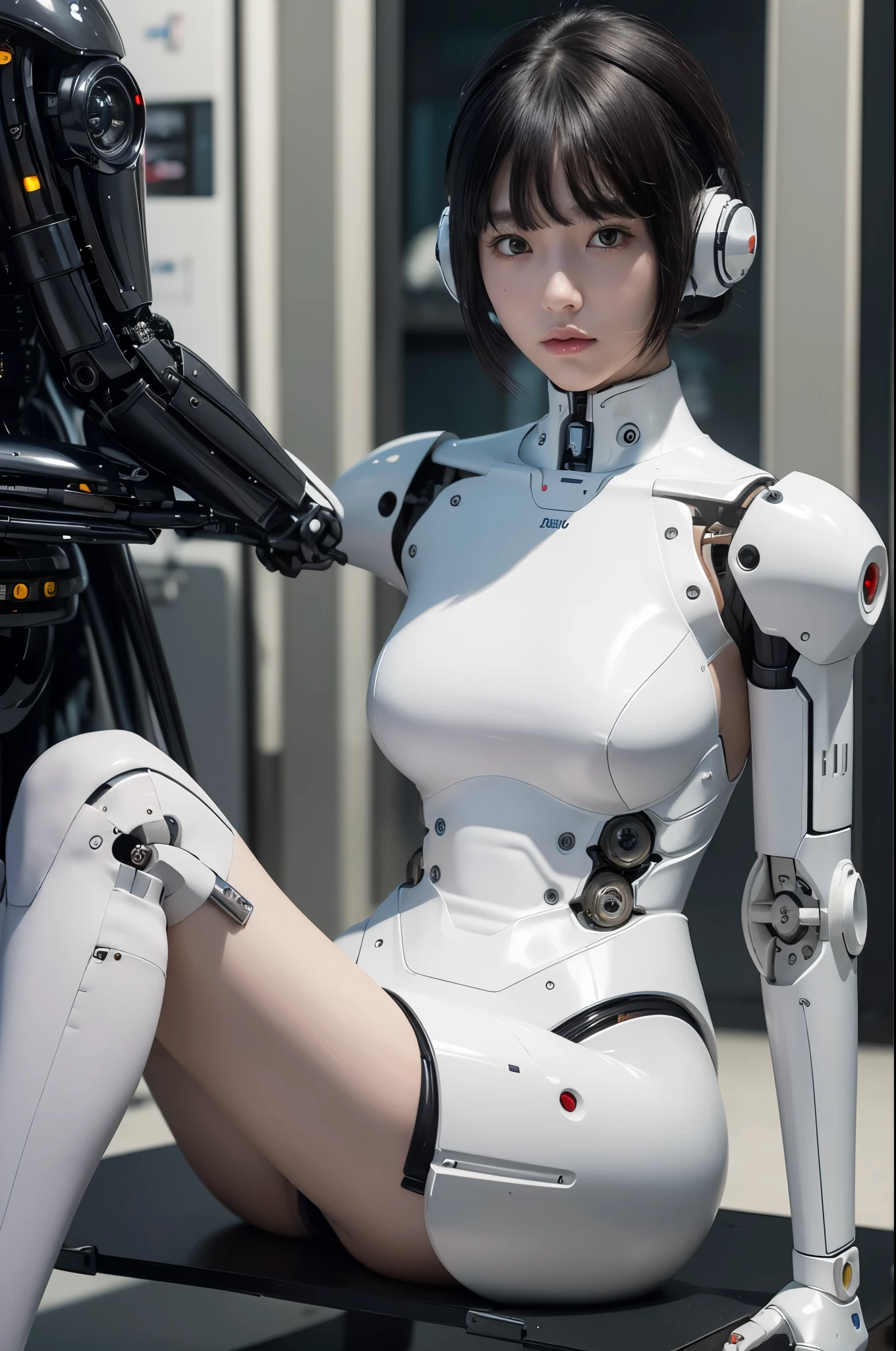 (photorealistic:1.4), (RAW photo)masterpiece, best quality, extremely detailed, (photorealistic:1.4), (RAW photo) (8K, 4K, Best Quality, hight resolution, 超A high resolution:1.1), (masutepiece, Realistic, Photorealsitic:1.1), 8k portrait, Japaese android Girl,Plump , dark black knee high socks,announcer,control panels,android,Droid,Mechanical Hand, Robot arms and legs, Black Robot Parts,Black hair,Mechanical body,Blunt bangs,White abdomen,white body suits,White robotics parts,perfect robot woman,future laboratory,cyber pank,charging spot,laboratory,long tube,thick cable connected her neck,ceramic body ,full eyes,striking eyes,perfect mechanical body, white robot body,lod antenna,mechanical ear cover,android,robot humanoid,black sponge joints,