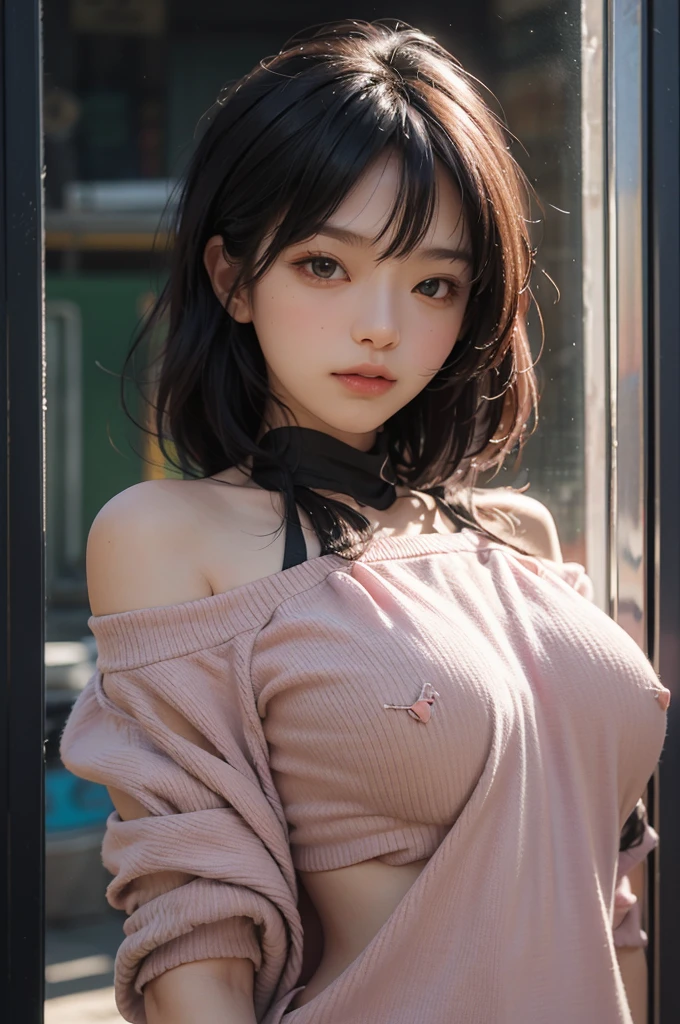 best qualtiy,tmasterpiece,超A high resolution,(fidelity:1.4),RAW photogr,1girl in,Pink Off Shoulder,cinmatic lighting,Colossal tits