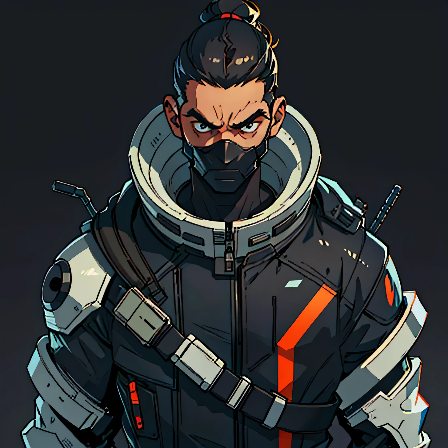 Criminal 30 years old, feo, cabello ?????. (He wears a futuristic mask 1.5), Lleva un traje futurista., (mal 1.5), (Fondo simple), Plano medio