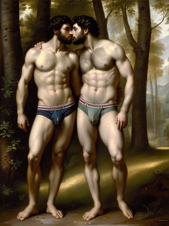 Oil painting, classic style, neoclassical, ((Two Italian males standing close to each other)) kissing, embracing, handsome men, kissing, hairy, handsome, men, shirtless, ((briefs, bulge)), centered, perfect composition, centered, by Raphael, by Daniel Gerhartz, Forest background, fresco style