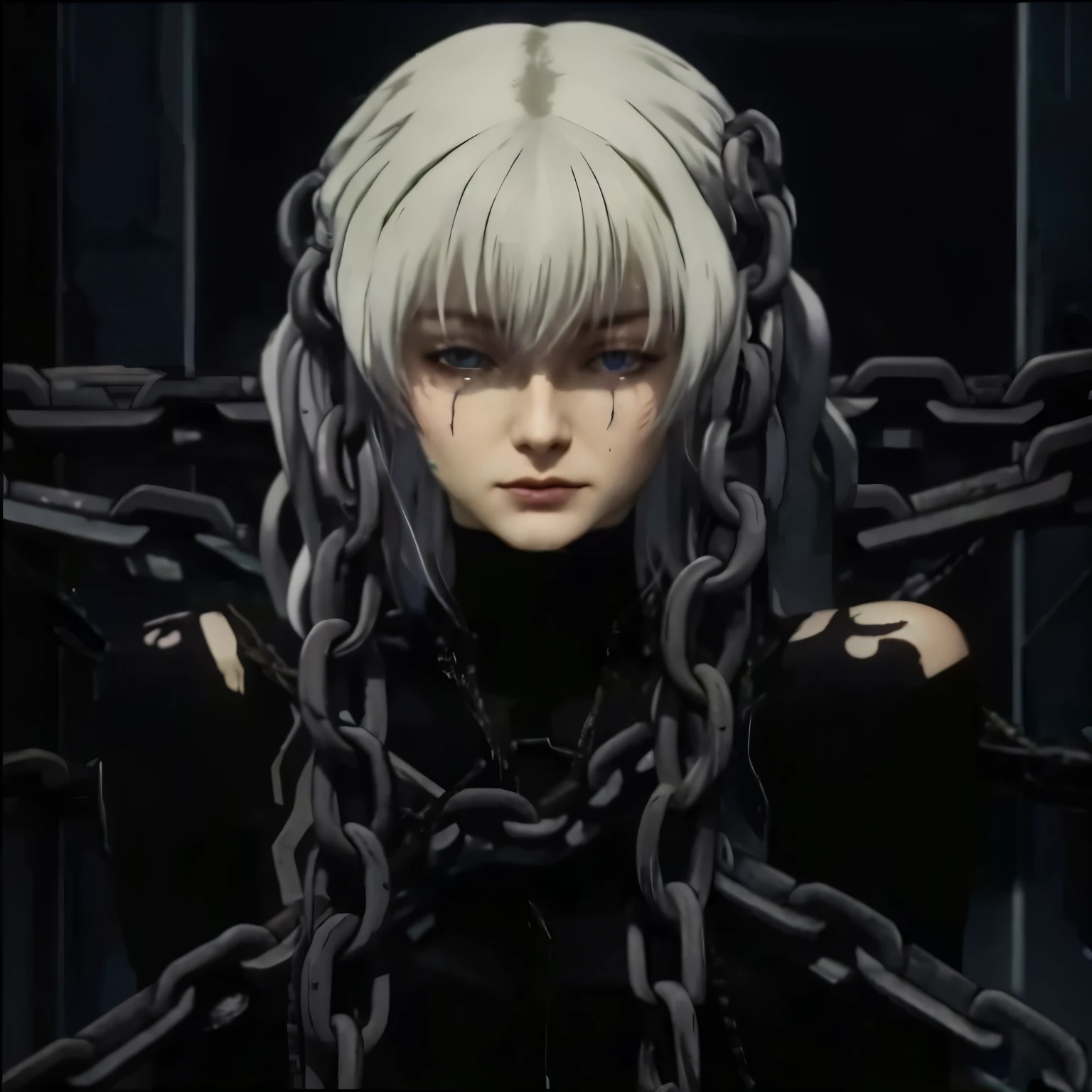white hair, Ghost in the Shell, realistic tattoos under eyes