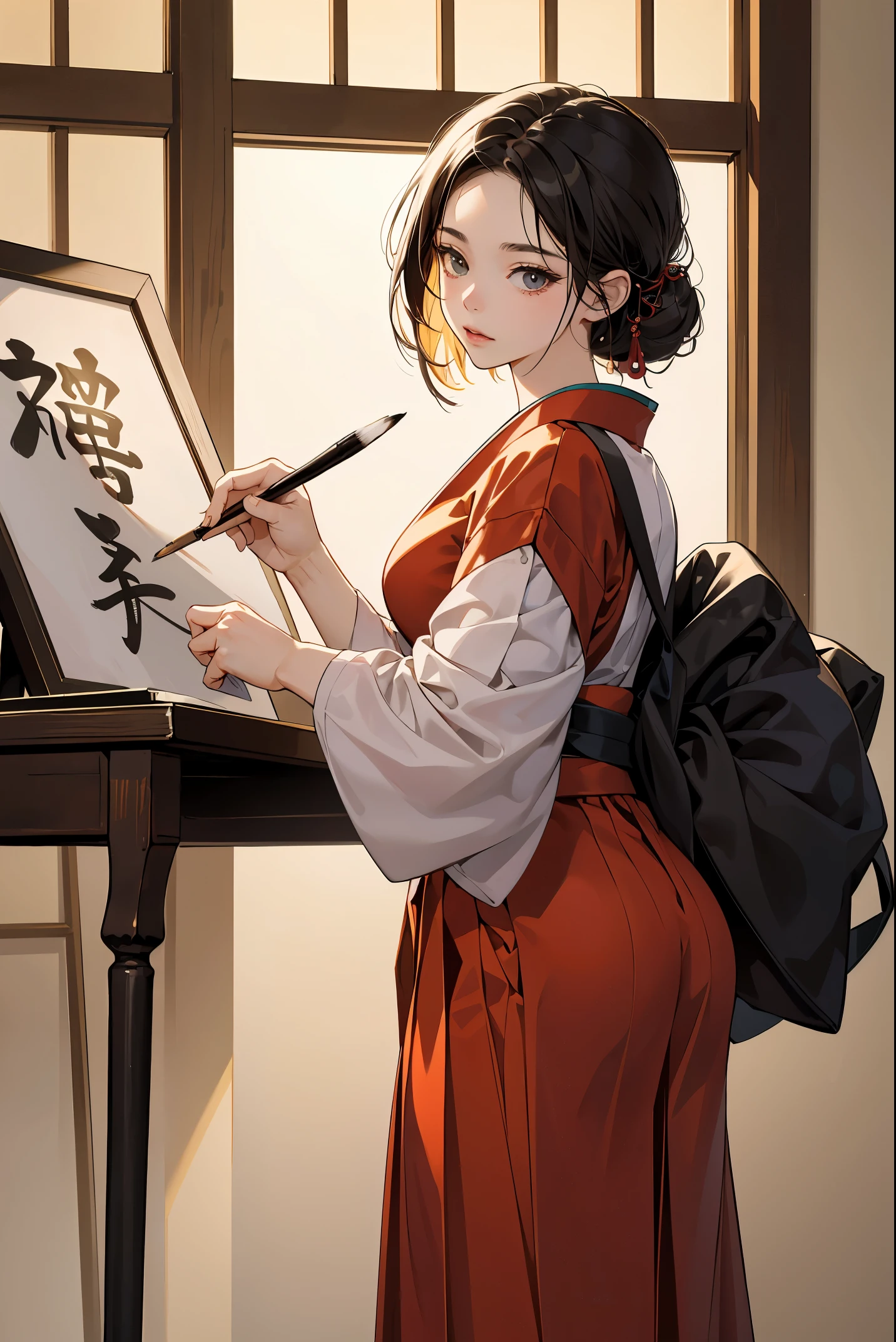 absurd, absolute resolution, incredibly absurd, super high quality, super detailed, official art, unity 8k wall, masterpiece
BREAK
Subject: The first calligraphy
Subtitle: Hakama, young genius calligrapher, Japanese style house, cute pose
BREAK
"In this New Year's calligraphy scene, a young calligraphy prodigy in hakama is absorbed in a large calligraphy paper in the study of a traditional Japanese-style house. She wears a brightly colored hakama, holds a large brush in her hand, and writes the character for "happiness" with a powerful brush stroke. Surrounding her are traditional calligraphy tools and beautiful hanging scrolls on the wall. Her cute pose and concentrated expression show her talent, despite her young age. The background is the interior of a Japanese-style house, with shoji screens and beams painted in intricate detail, creating a warm, traditional Japanese beauty."