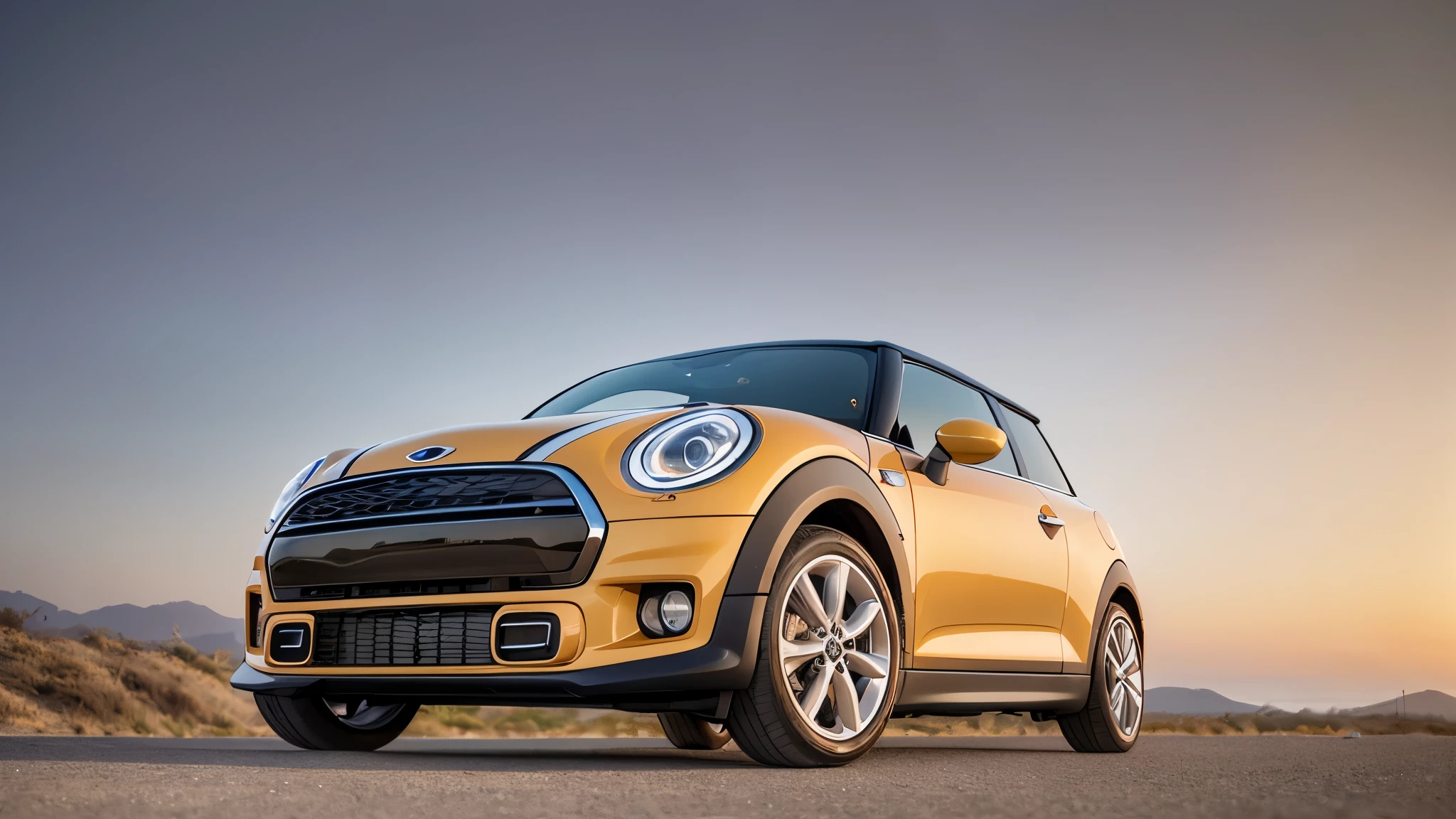 Yellow Cooper mini on national highway with ocean view, white ceiling, evening, low angle, photo style, --auto --s2