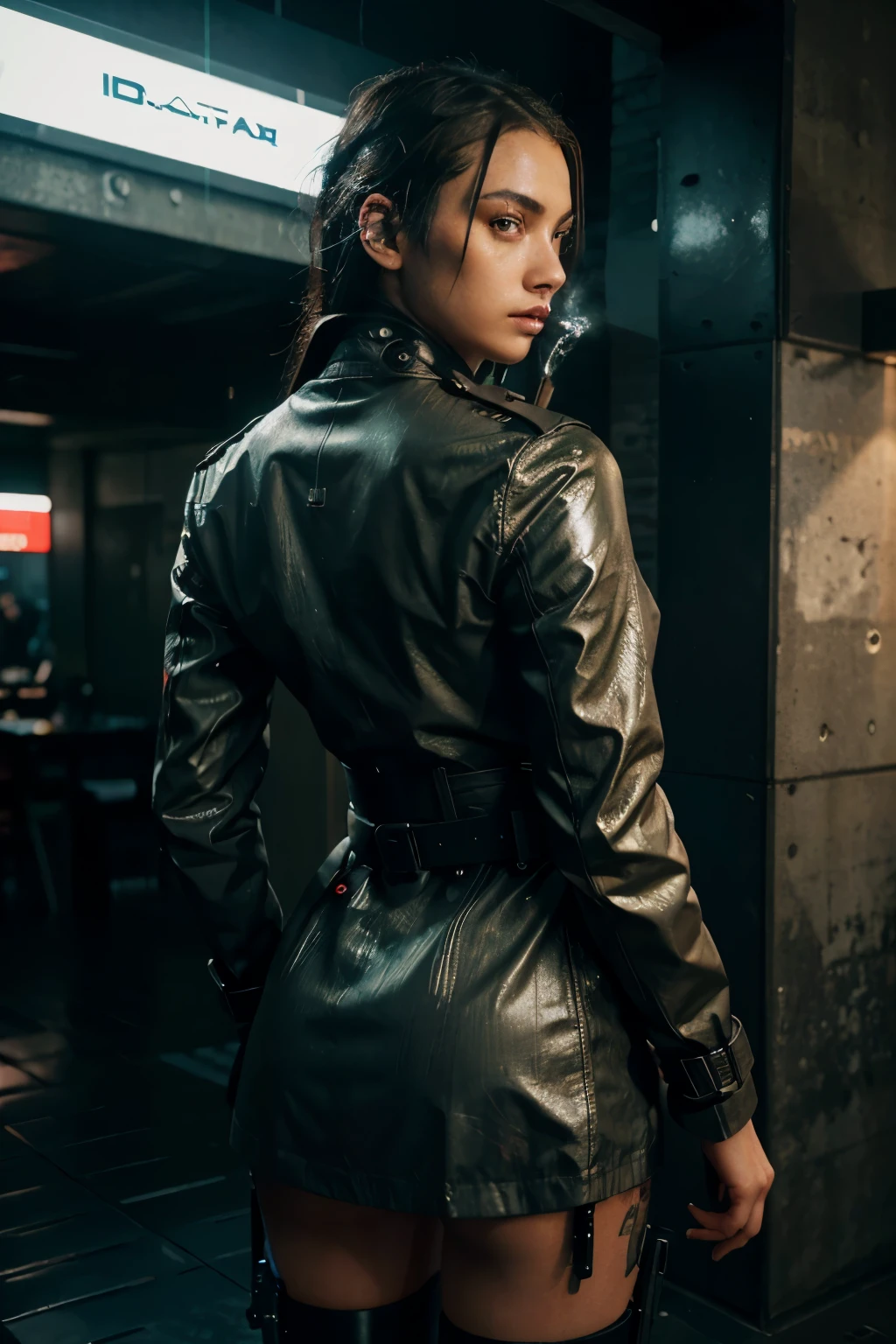 Futuristic female cyborg with tattoo and open trench coat, back leaning against the wall ,guns belt with guns, bald, Tokyo city at night, smoking area, wet floor, cyberpunk, detailed metallic body, glowing tattoos, intense and focused gaze, high-tech weaponry, rain-soaked urban setting, professional, atmospheric lighting, city lights casting a cool glow, highres, ultra-detailed, cyberpunk, futuristic, detailed eyes, sleek design

RAW photo, (high detailed skin:1.2), 8k uhd, dslr, soft lighting, high quality, film grain, Fujifilm XT3, photorealistic image