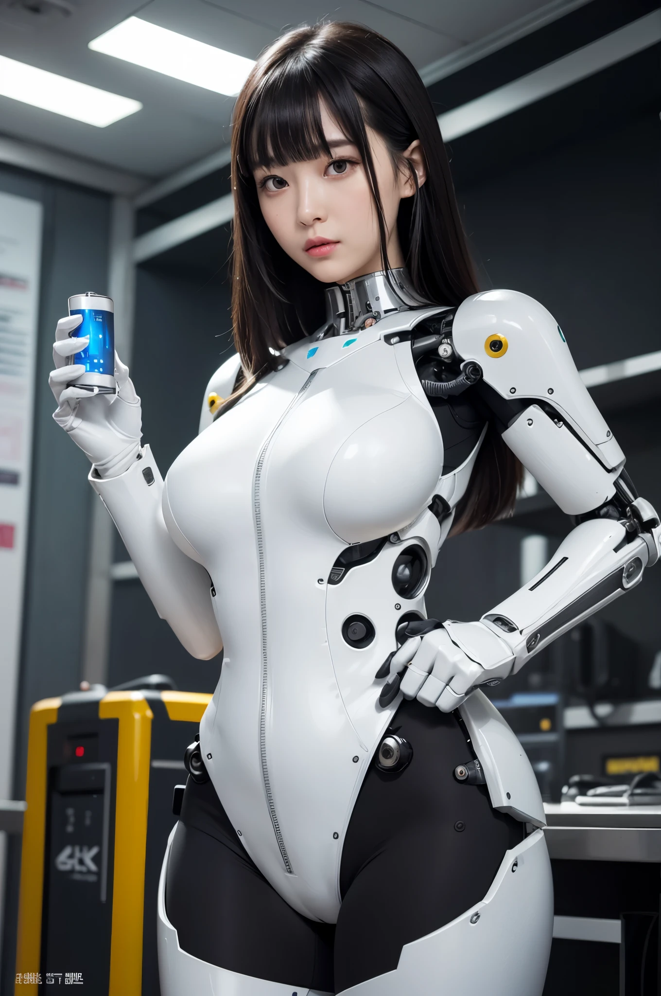 (photorealistic:1.4), (RAW photo)masutepiece, Best Quality, Extremely detailed, (Photorealistic:1.4), (8K, 4K, Best Quality, hight resolution, 超A high resolution:1.1), 8K portrait,1girl in, Japaese android girl,Plump , announcer,control panels,android,Droid,Mechanical Hand, ,Robot arms and legs, Black hair,Mechanical body,Blunt bangs,perfect robot woman,Charging spot,Long Tube,A thick cable was connected to her neck,metallic body ,Mechanical body,android,robot humanoid,a bit chubby,panty,full eyes,silver robotics body,future laboratory,metallic chest ,She has repaired,She has a socket between her legs,clothes with a sense of mechanical technology,android factory,robot factory,silver body,metallic body,black sponge joints