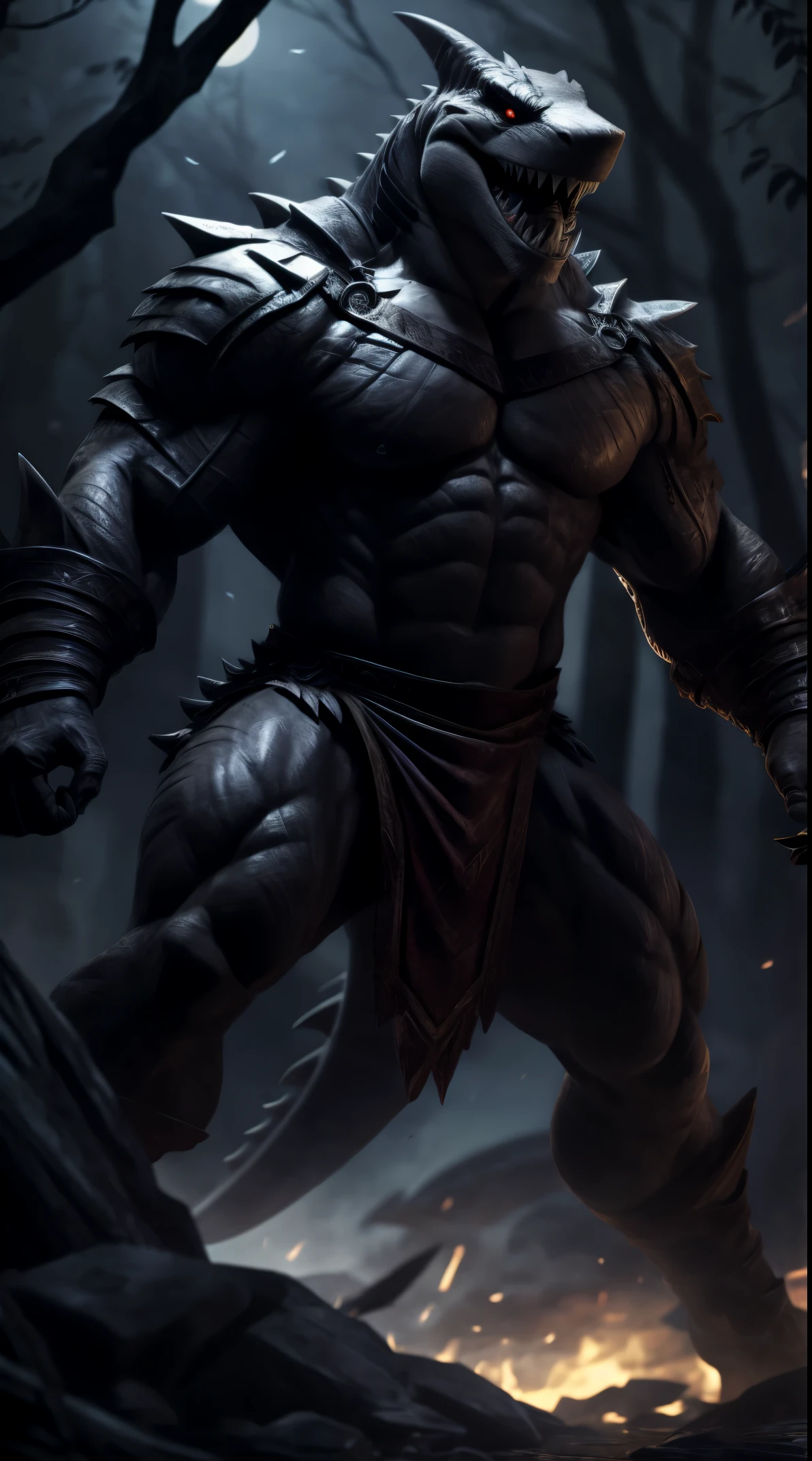 shark man, ready to fight, barbarian armor, loincloth, black body, open mouth, dark forest background, threatening, stands menacingly, full body, raptor like legs, proporcional muscular arms, big reptile tail muscular, illustration, (best quality, 4k, highres, masterpiece:1.2), ultra-detailed, realistic, horror, sharp focus, vivid colors, nighttime lighting