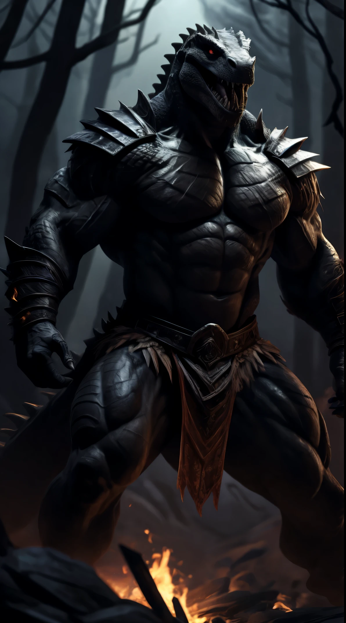 lizard man, ready to fight, barbarian armor, loincloth, black body, open mouth, dark forest background, threatening, stands menacingly, full body, raptor like legs, proporcional muscular arms, big reptile tail muscular, illustration, (best quality, 4k, highres, masterpiece:1.2), ultra-detailed, realistic, horror, sharp focus, vivid colors, nighttime lighting