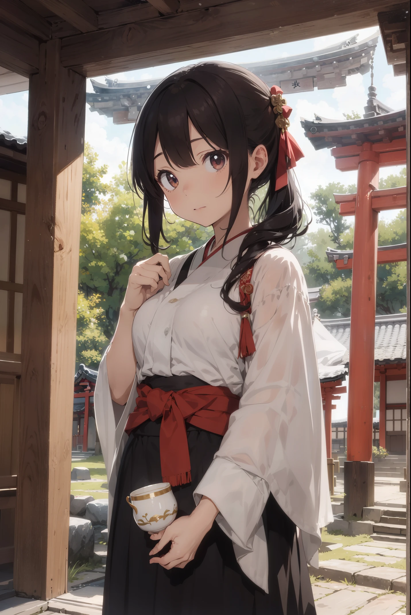 absurd, absolute resolution, incredibly absurd, super high quality, super detailed, official art, unity 8k wall, masterpiece
BREAK
Subject: First visit to a shrine
Subtitles: God of beauty, chibi, cute, Izumo-taisha shrine, God's tea party
BREAK
"In this scene from Hatsumode, a chibi, cute girl, personified by the god of beauty, is attending a tea party for the gods on the grounds of Izumo-taisha Shrine. She is dressed in a traditional priestly costume in a divine atmosphere and holds a small golden tea cup in her hand. Around her, other deities are also gathered in various guises, and she looks particularly radiant among them. In the background is the majestic architecture of Izumo-taisha Shrine and the quiet, cold winter grounds, with a mysterious flurry of snow. Soft light streams in from the sky, gently illuminating the tea party of the gods."