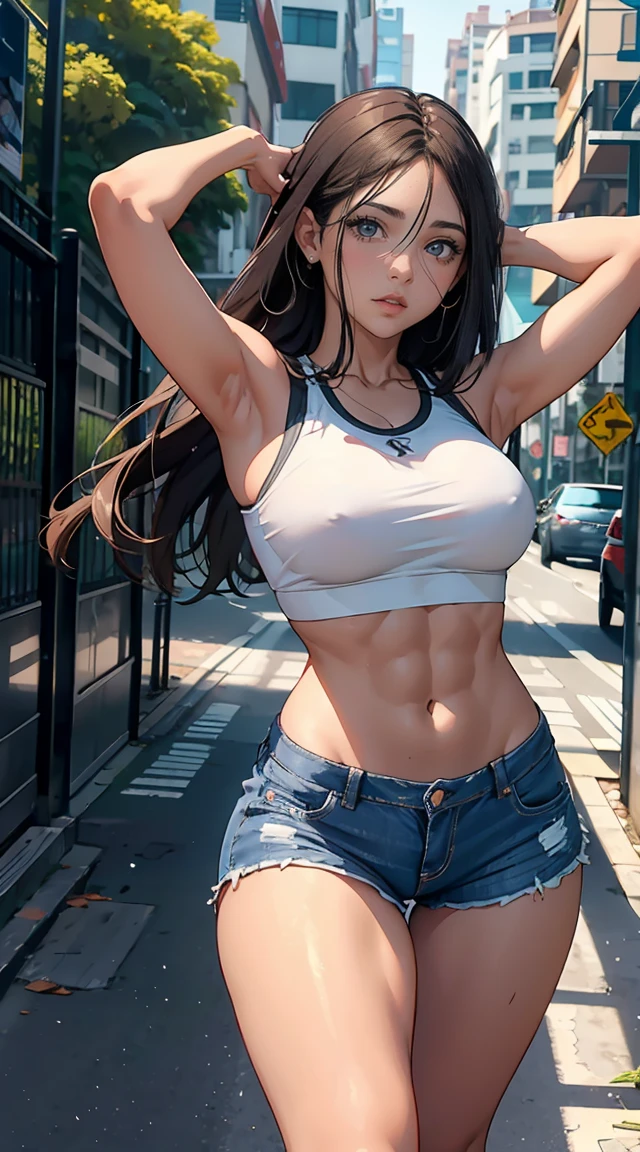 1 em uma rua da cidade em shorts jeans curtos, corpo inteiro, corpo em forma, seios grandes, em uma regata branca molhada, carregando um taco de beisebol sobre o ombro, Sensual features, competidor fitness, 6 Pack ABS com umbigo exposto, Fazendo uma pose sexy, cabelo moreno longo em dois rabos de porco, Olhos bonitos, com uma rua movimentada da cidade ao fundo, meio-dia, dynamic lighting with contrast, 8k