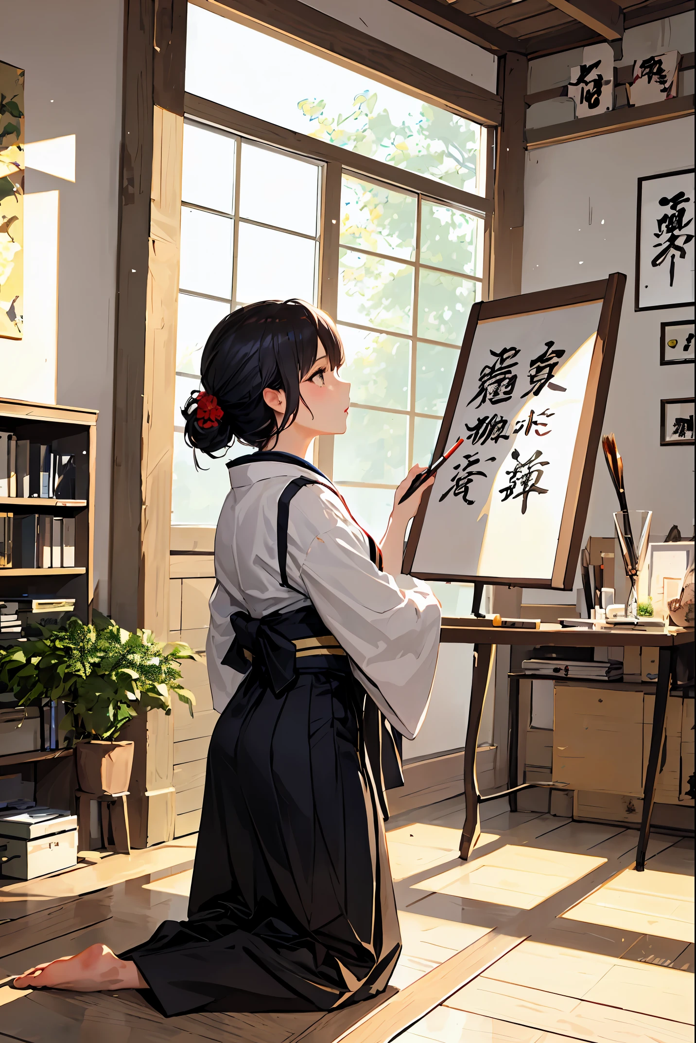 absurd, absolute resolution, incredibly absurd, super high quality, super detailed, official art, unity 8k wall, masterpiece
BREAK
Subject: The first calligraphy
Subtitle: Hakama, young genius calligrapher, Japanese style house, cute pose

BREAK
"In this New Year's calligraphy scene, a young calligraphy prodigy in hakama is absorbed in a large calligraphy paper in the study of a traditional Japanese-style house. She wears a brightly colored hakama, holds a large brush in her hand, and writes the character for "happiness" with a powerful brush stroke. Surrounding her are traditional calligraphy tools and beautiful hanging scrolls on the wall. Her cute pose and concentrated expression show her talent, despite her young age. The background is the interior of a Japanese-style house, with shoji screens and beams painted in intricate detail, creating a warm, traditional Japanese beauty."