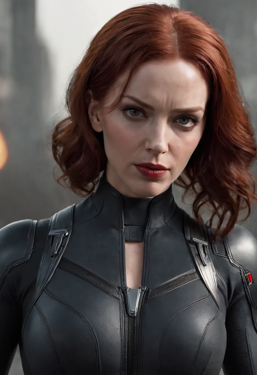 Subject: A photorealistic portrayal of Christina Hendricks as Black Widow from Marvel Comics, standing confidently in her sleek and deadly attire.
Type of Image: Photorealistic digital artwork featuring Christina Hendricks as Black Widow
Art Styles: Photorealism, showcasing intricate details of Black Widow's costume, weapons, and her intricate details of Christina Hendricks's face
Camera: Shot with a medium lens to provide a balanced view of Black Widow's figure and expression.
Shot: Full-body shot, highlighting Black Widow's agile stance and poised demeanor.
Render Related Information: High-resolution render (4K) with meticulous attention to detail in Black Widow's costume texture, weaponry, and facial features.
