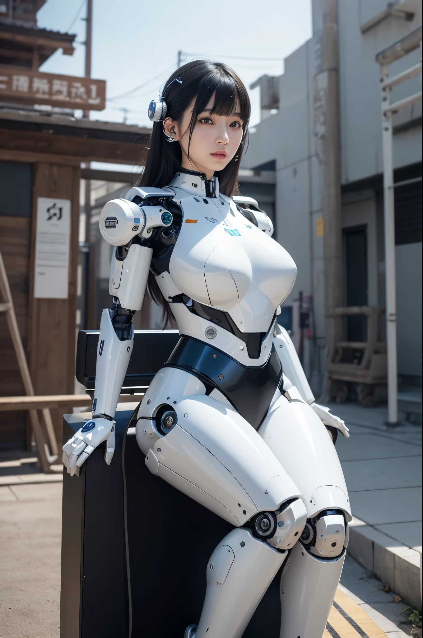 (photorealistic:1.4), (RAW photo)masutepiece, Best Quality, Extremely detailed, (Photorealistic:1.4), (8K, 4K, Best Quality, hight resolution, 超A high resolution:1.1), 8K portrait,1woman in, Japaese android woman,Plump , announcer,control panels,android,Droid,Mechanical Hand, ,Robot arms and legs, Black hair,Mechanical body,Blunt bangs,White Robotics Parts,perfect robot woman,Charging spot,Long Tube,A thick cable was connected to her neck,ceramic body ,Mechanical body, mechanical ear covers,android,robot humanoid,a bit chubby,panty,full eyes,She is exhibits,perfect mechanical body,white robotics body,future laboratory,mechanical ear cover,