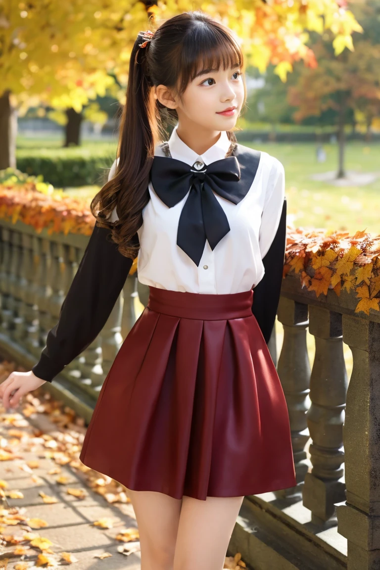 Autumn attire、bow ribbon、a beauty girl、sixteen years old、