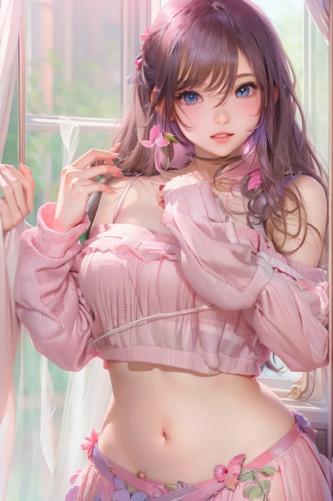 a girl, smile,beautiful pussy, small panties, beautiful large breast, , more prism, vibrant color ,detailed face , smile, blush, shiny skin, shiny body, more prism, vibrant color, (1girl brown hair long hair multicolored hair grey eyes jewelry earrings piercin black choker)