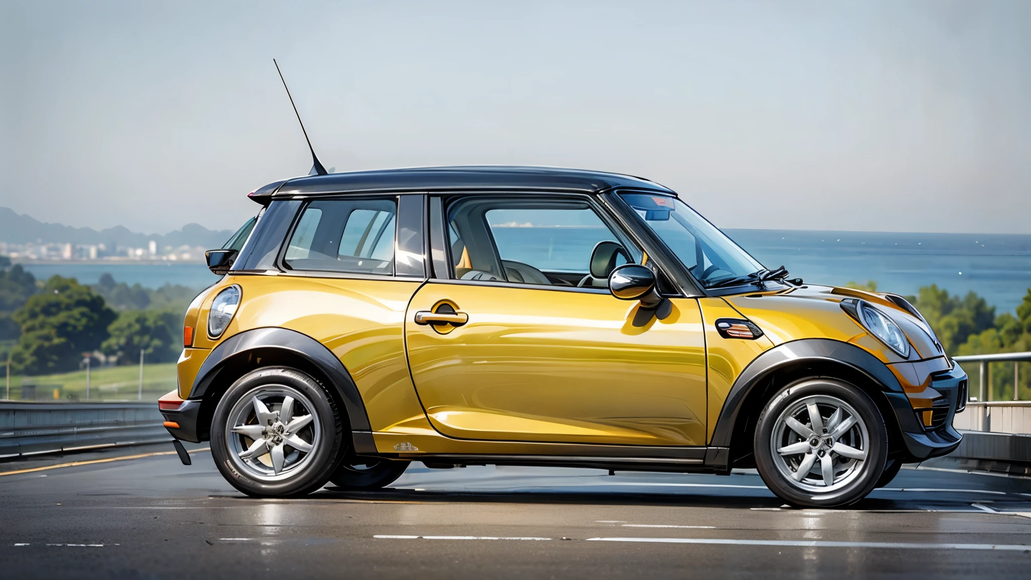 Yellow Cooper mini on country road with ocean view, white ceiling, evening, side view, car centered, photo style, --auto --s2
