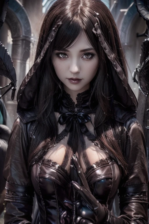Huntress woman dark fantasy style art, epic light novel art cover, Gothic anime woman,(Mulher com peitos lindos e salientes com decote profundo no busto).