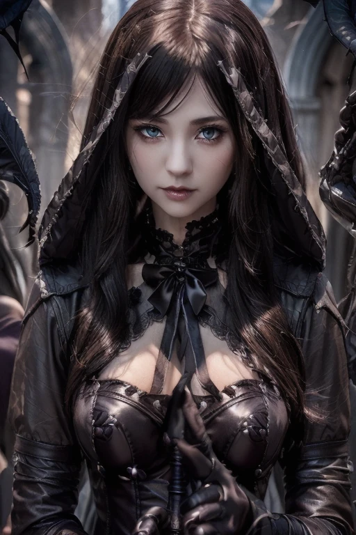 Huntress woman dark fantasy style art, epic light novel art cover, Gothic anime woman,(Mulher com peitos lindos e salientes com decote profundo no busto).