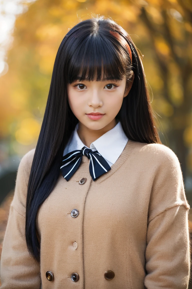 Autumn attire、bow ribbon、a beauty girl、sixteen years old、Black hair straight