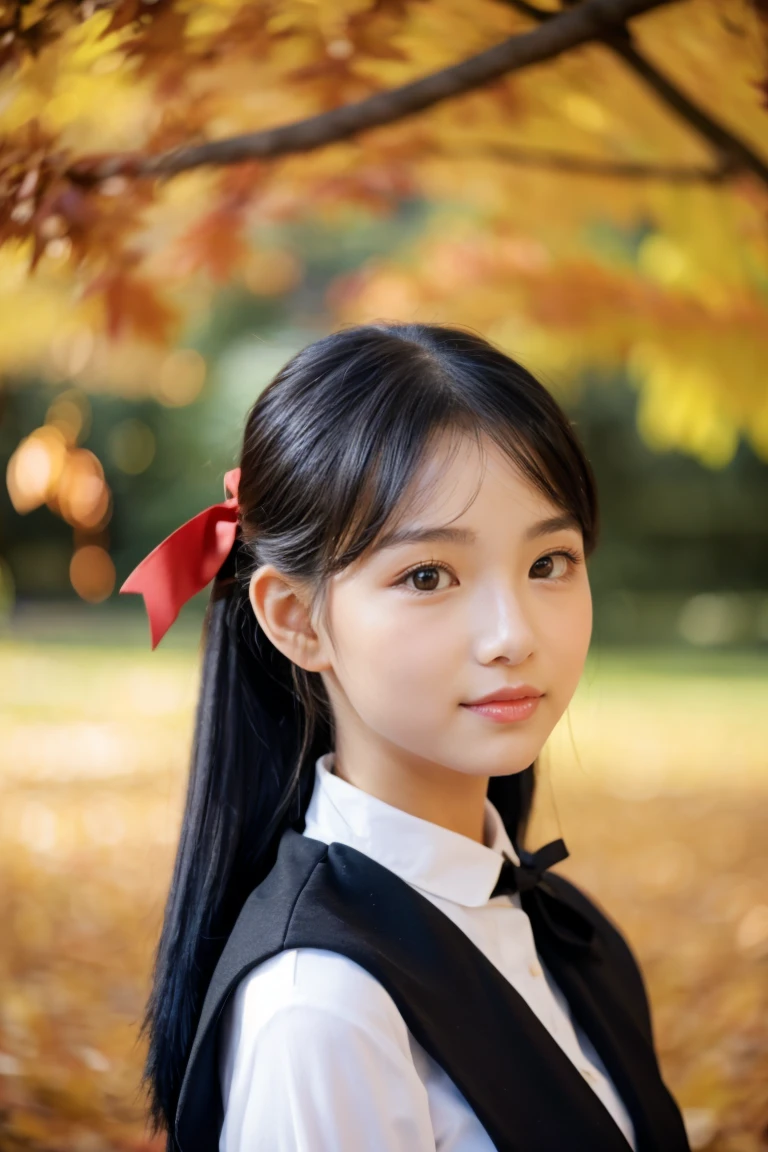 Autumn attire、bow ribbon、a beauty girl、、Black hair straight