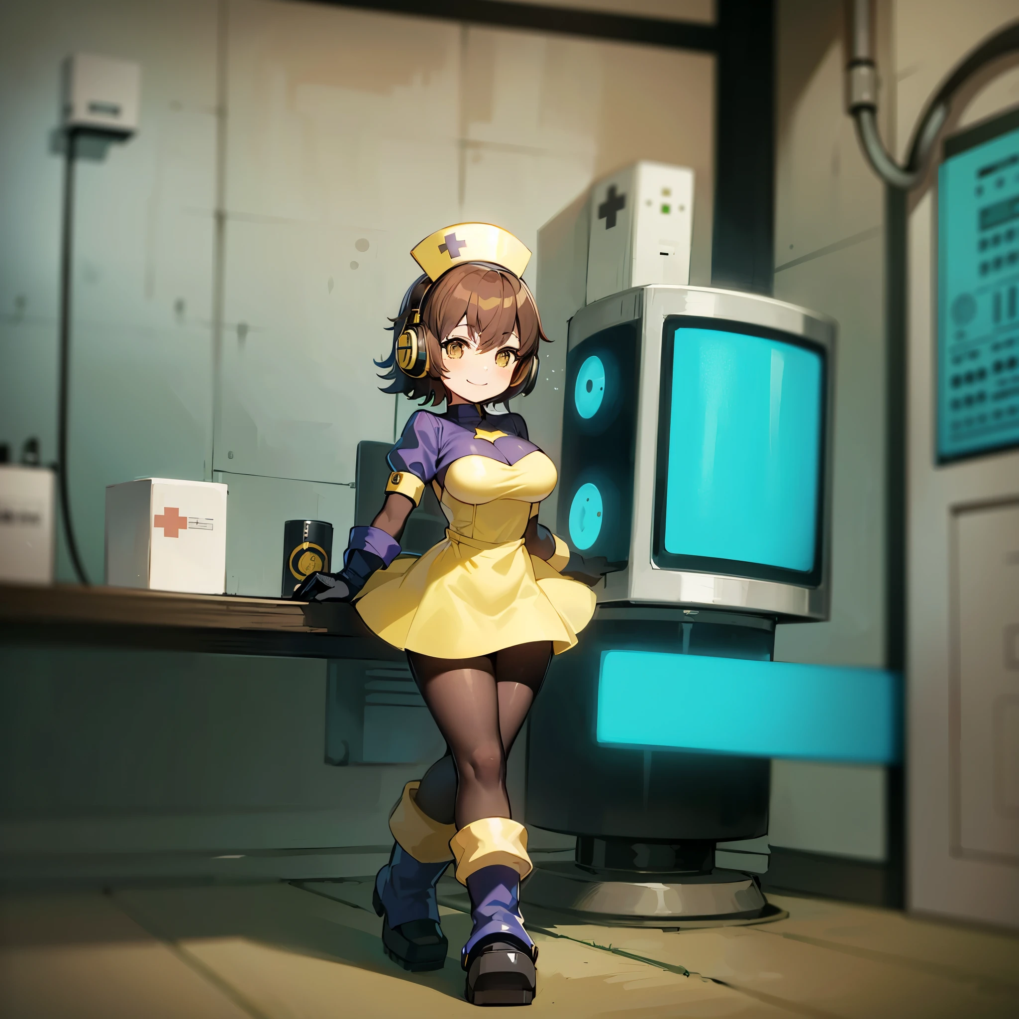 (Complete body, best quality, anime girl, good anatomy) 1 girl, solo, brown eyes, brown hair, smile, yellow nurse tiara, yellow headphones, short hair, black and yellow nurse uniform, black gloves, black boots, futuristic hospital, colorful.