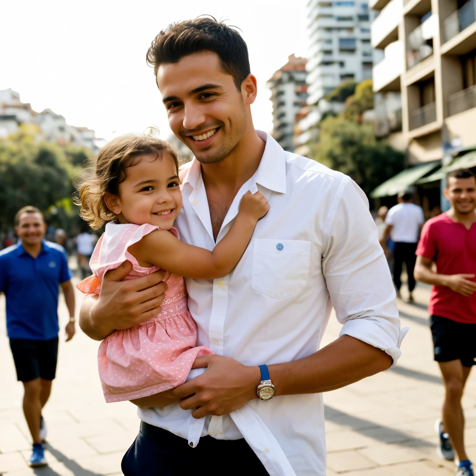 ((best quality)), ((master part)), (circunstanciado), homens, happy women and children around the city in the morning on a perfect day where everything will work out.