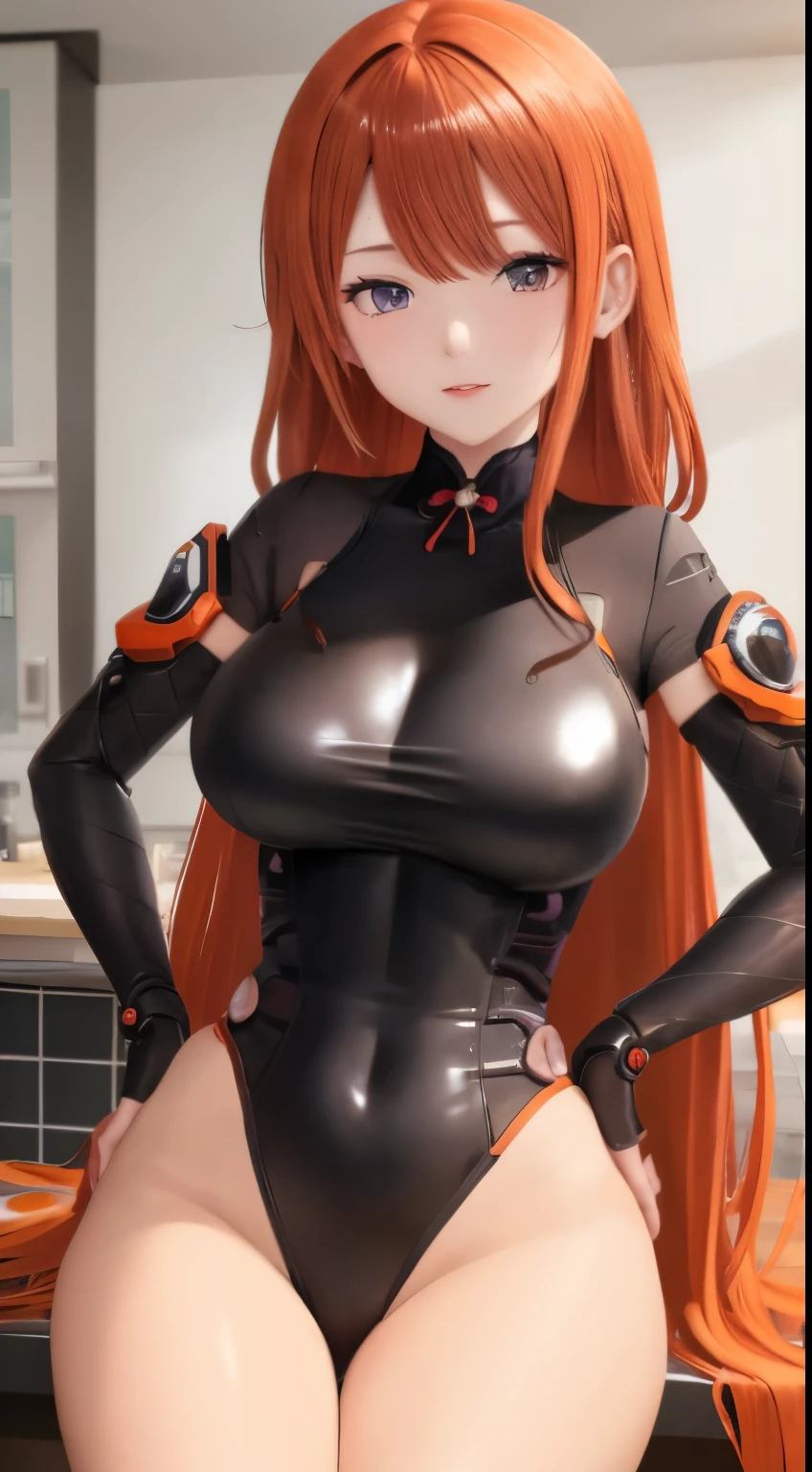 Anime girl sitting at a counter with her hands on her hips, seductive anime girl, oppai, thicc, oppai biomechanical, oppai proportions, asuka costume under clothes!, extremely detailed artgerm, beautiful seductive anime woman, painted in anime painter studio, in pixiv, rin, she has long orange brown hair,