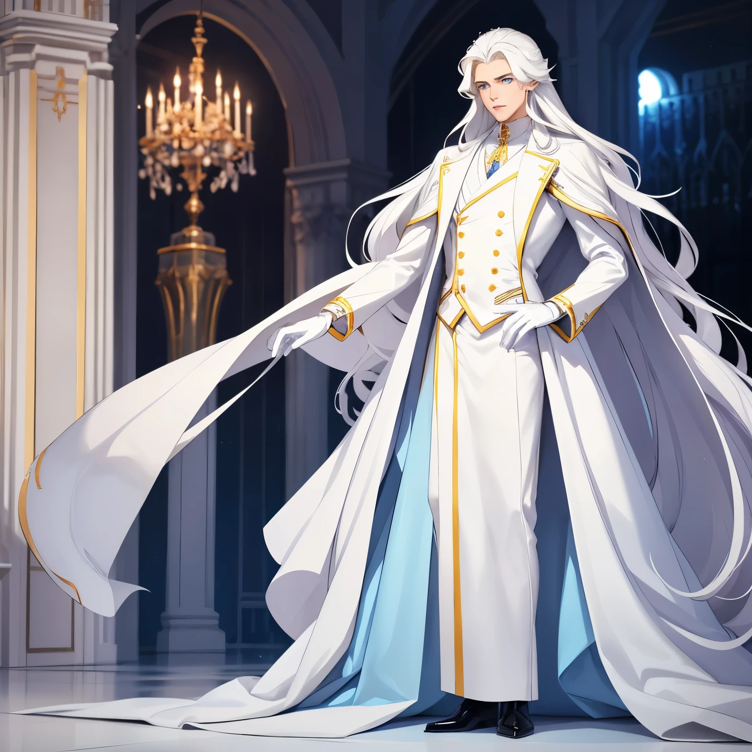 A tall man who looks like a prince with long white hair without bangs and light blue eyes is dressed in royal white clothes. He has long legs and white gloves. Should wear diamonds and other jewelry. Should look superior and cold.