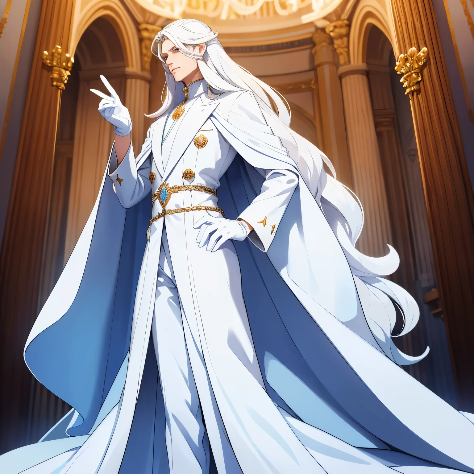 A tall man who looks like a prince with long white hair without bangs and light blue eyes is dressed in royal white clothes. He has long legs and white gloves. Should wear diamonds and other jewelry. Should look superior and cold.