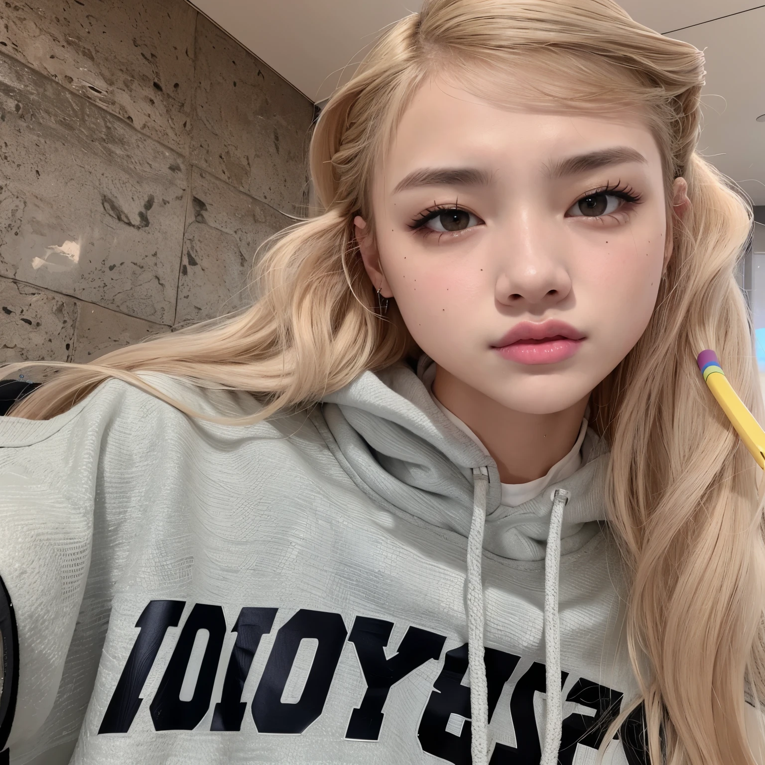chica rubia con pelo largo y una sudadera gris sosteniendo un cepillo de dientes amarillo, Parque Roseanne de Blackpink, portrait of Jossi de Blackpink, Lalisa Manobal, Jossi de Blackpink, Lalisa Manoban de Blackpink, ulzzang, Blackpink Jennie, Chica coreana, Jaeyeon Nam, Jinyoung Shin, 8k)), Wan adorable cara coreana, Chica con sudadera con capucha
