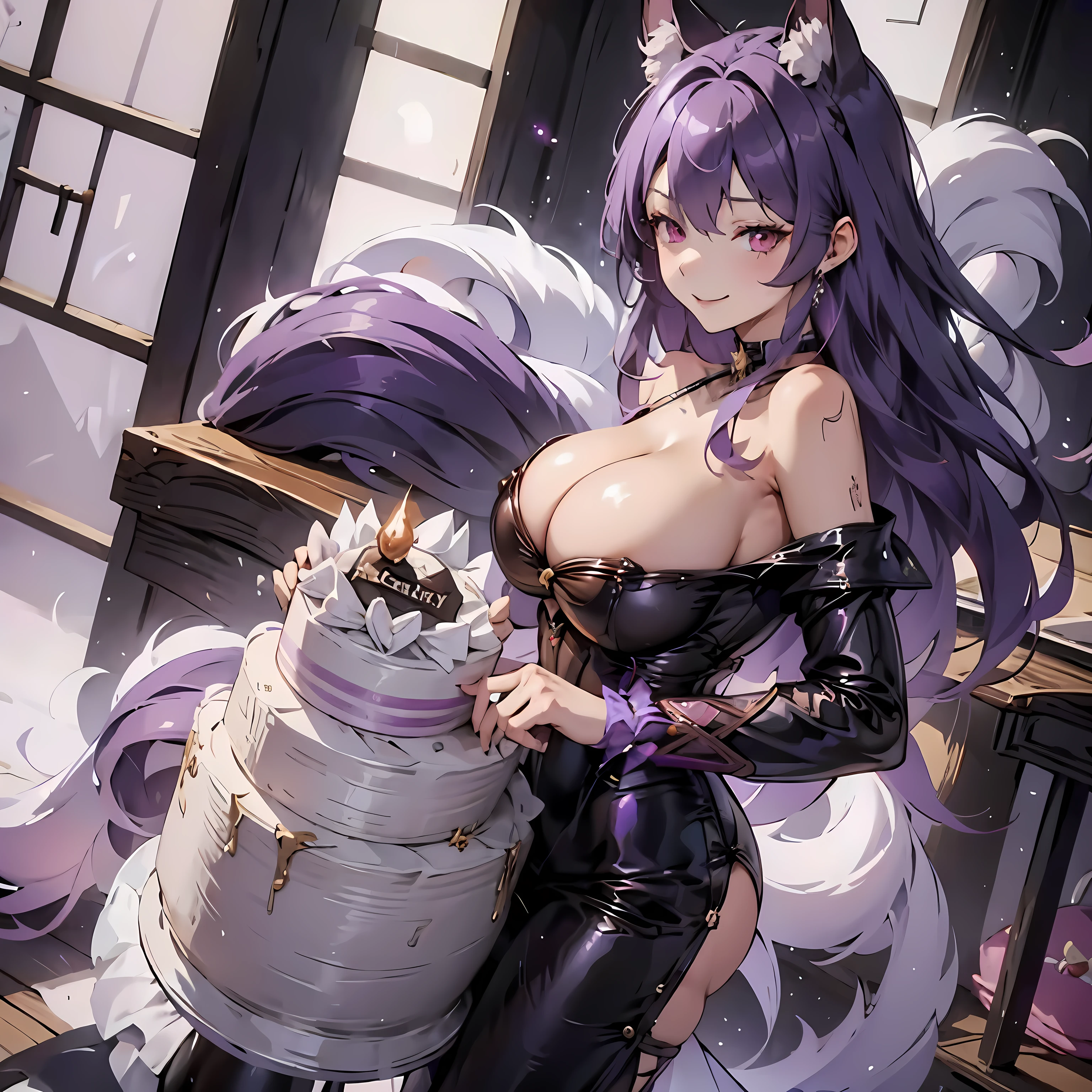 1Girl, red eyes, smile, Purple Hair, cat girl, birthday party, birthday cake, HappyBirthdayYuel text, huge breasts, cleavage, sideboob, huge butt, Purple fluffy tail, sexy, long tail, sexy dress, waruochi, japanese clothes, concept, concept dress, ribbon on the chest, "Happy Birthday Yuel" text, purple hair, purple hair, curtained hair, bangs, medium hair, fox ears, smile, anime, Wide-Angle, ray tracing, bloom, depth of field, anime style, anime, ((masterpiece)), 8K, highres, ((best quality)), super detail, award winning, anatomically correct