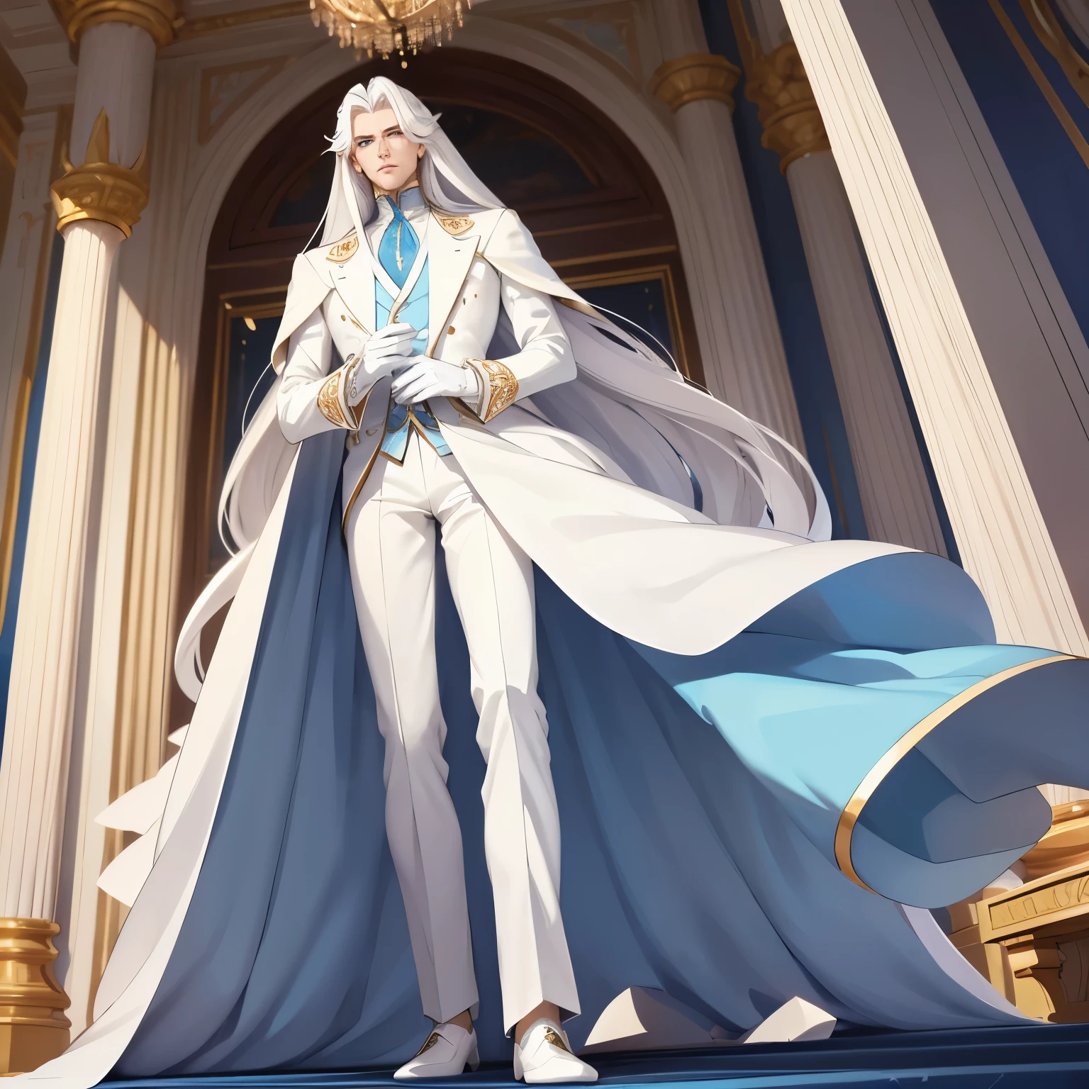 A tall man who looks like a prince with long white hair and light blue eyes is dressed in royal white clothes. He has long legs and white gloves. He is wearing diamonds and other jewelry.