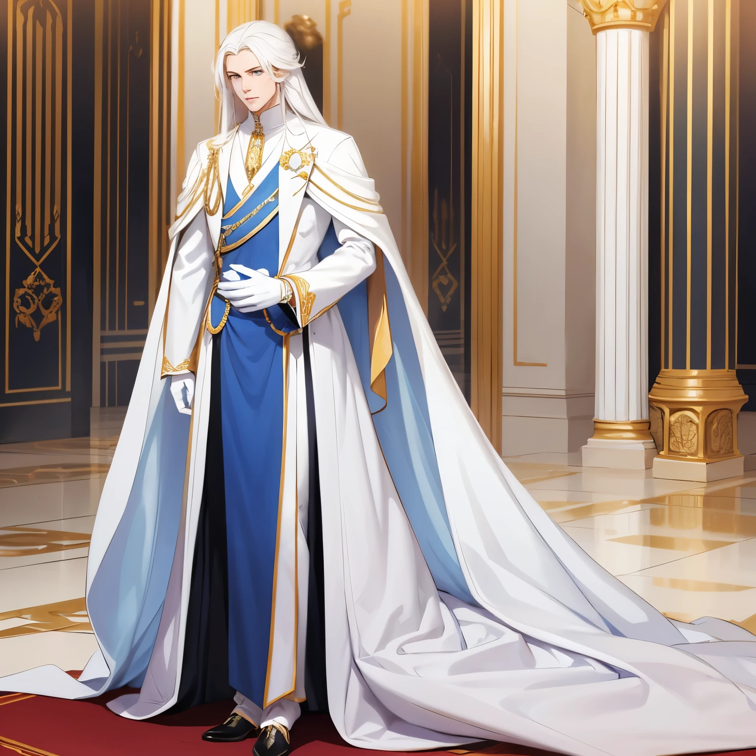 A tall man who looks like a prince with long white hair and light blue eyes is dressed in royal white clothes. He has long legs and white gloves. He is wearing diamonds and other jewelry.