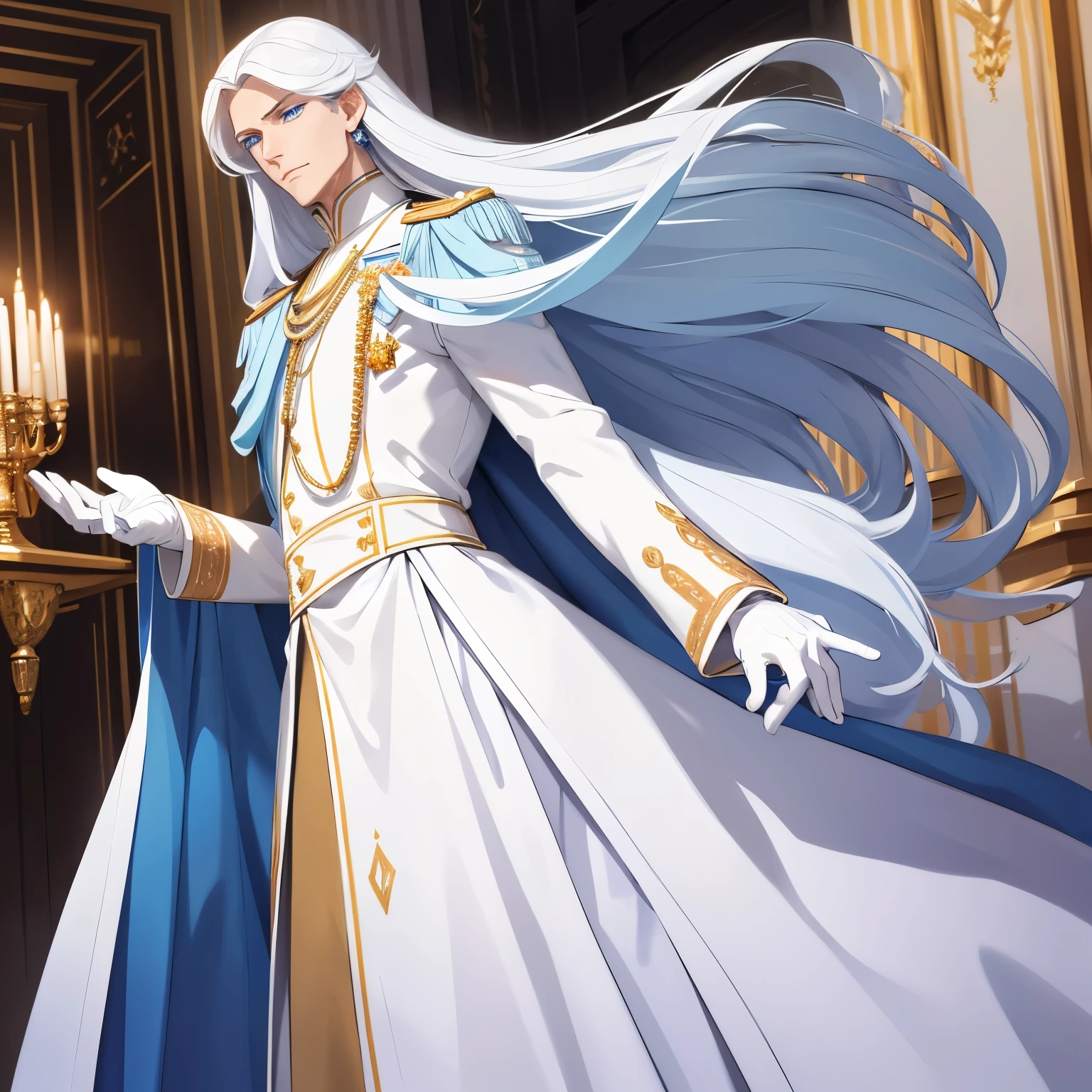 A tall man who looks like a prince with long white hair and light blue eyes is dressed in royal white clothes. He has long legs and white gloves. He is wearing diamonds and other jewelry.