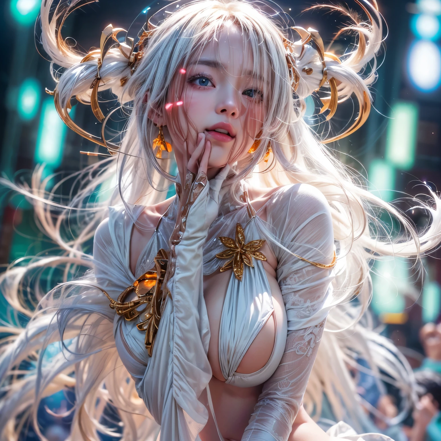 (NSFW:-0.9, nipple:-0.9, Acutance:0.85, White and Red, Mystic sight, (many Dazzling flush lights, lens flares, lens Ghost), Luminous Particles, many colorful Lights ) . (best quality, masterpiece:1.3, realistic, photorealistic, (analog photo:1.37), ultra detailed:1.3) . (Amazing KAWAII actress in Systemic), (Extremely detailed (KAWAII face variations)) with joyful expressions, oiled impeccable ivory skin, Biomechanical HUGE and HEAVY boob, pretty hips, (Exquisitely long dress with back cutouts), (Exposed backs, Overflowing sideboob), (award ceremony, Walking on stage, large crowd:1.4) . (((Ass focus, butt crack)))