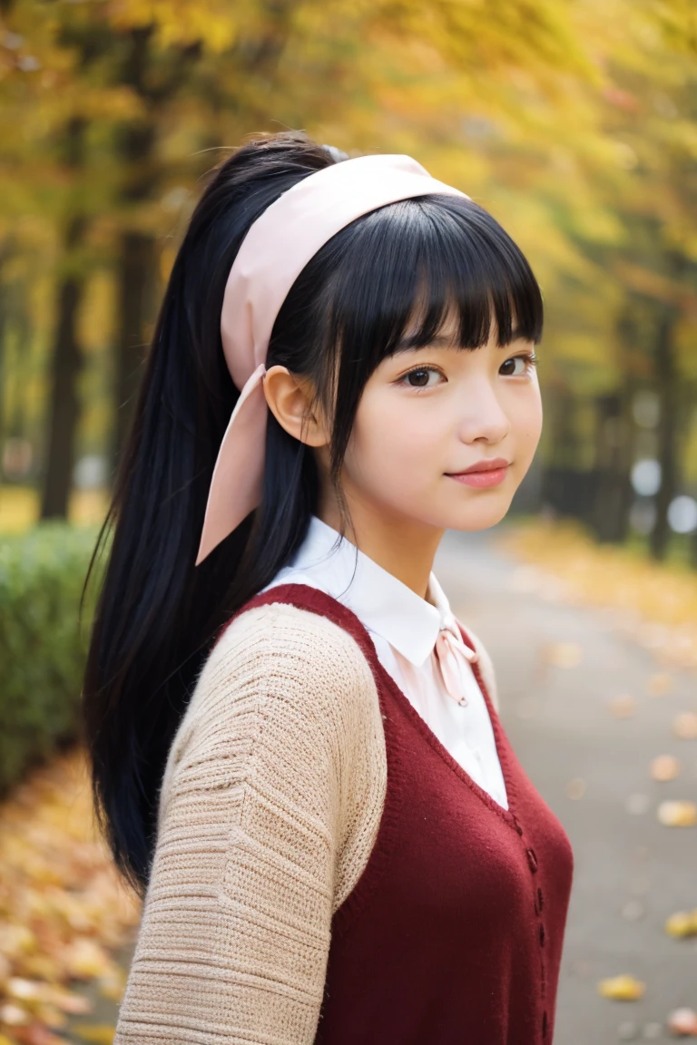 Autumn attire、bow ribbon、a beauty girl、sixteen years old、Black hair straight