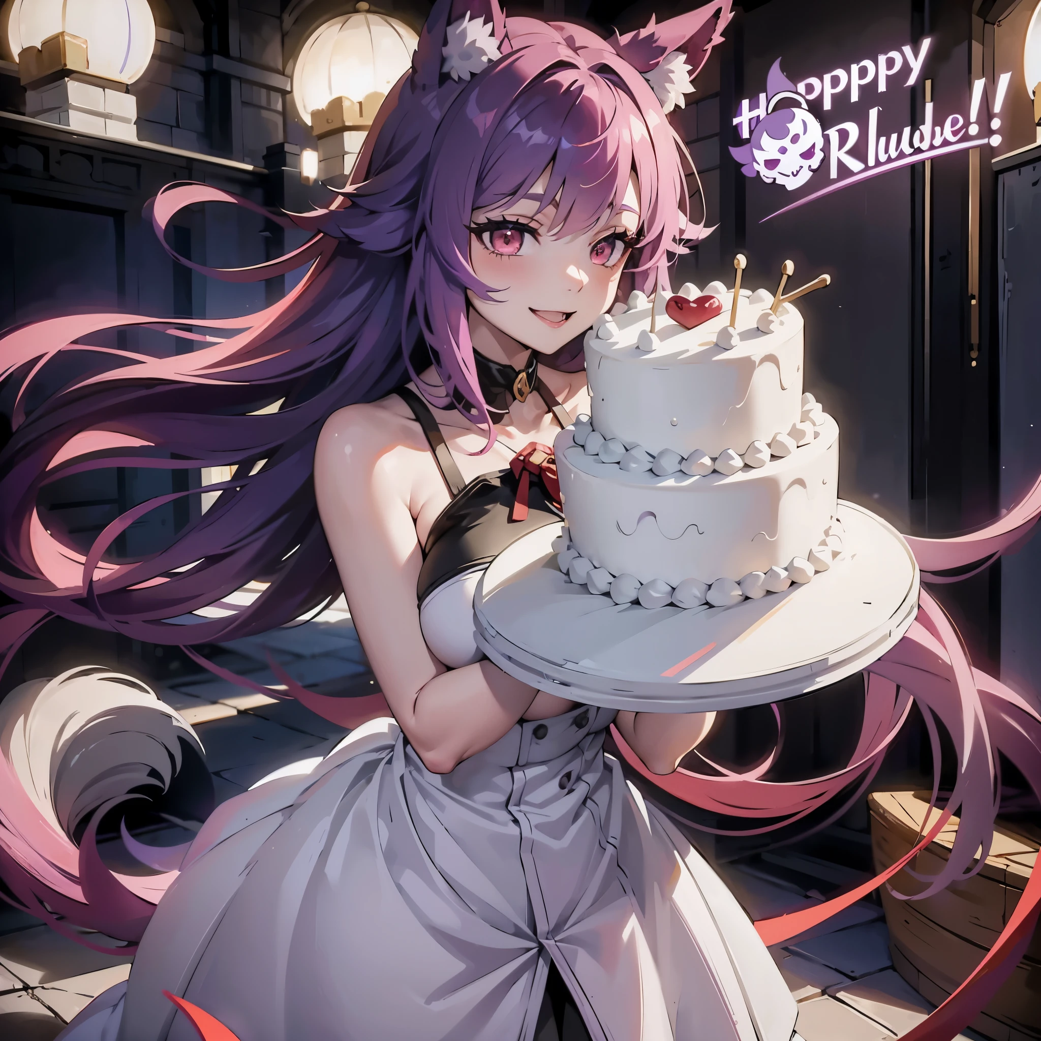 1Girl, red eyes, smile, Purple Hair, cat girl, birthday party, birthday cake, Happy Birthday text, huge breasts, cleavage, sideboob, huge butt, Purple fluffy tail, sexy, long tail, sexy dress, waruochi, japanese clothes, concept, concept dress, ribbon on the chest, Happy Birthday text on cake, purple hair, purple hair, curtained hair, bangs, medium hair, fox ears, smile, anime, Wide-Angle, ray tracing, bloom, depth of field, anime style, anime, ((masterpiece)), 8K, highres, ((best quality)), super detail, award winning, anatomically correct