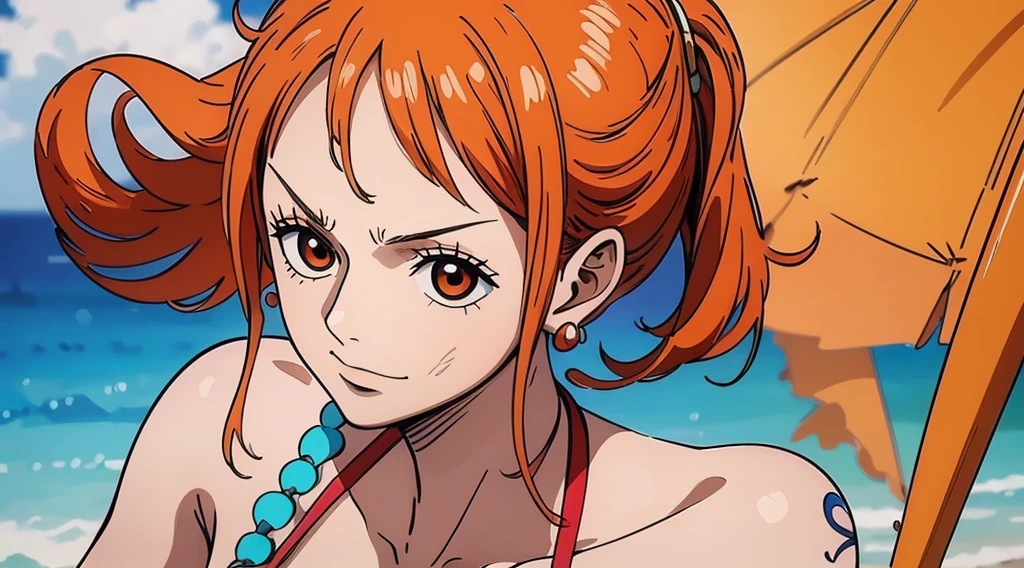 An Arafe woman wears a bikini top and red super miniskirt, nami one piece, A Master Piece , Retrato bonito de Nami, nami from one piece,Nami em super minissaia vermelha, arte de anime digital detalhada, Cute Exirobat showing white pants, Very detalhado Artgerm haha, deviantart artstation cgsscosiety, red realistic bikini, roupa de banho vermelho, fanart melhor artstation, Artgerm. alto detalhamento, seios grandes.