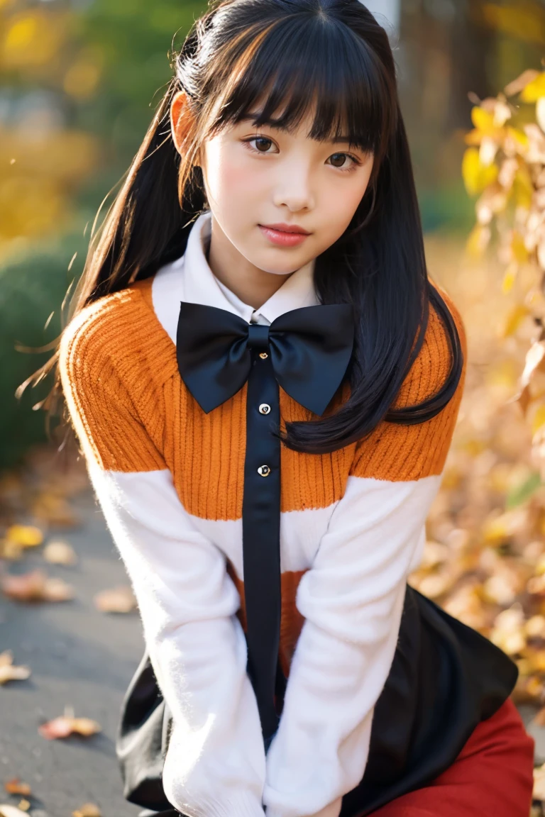 Autumn attire、bow ribbon、a beauty girl、、Black hair straight