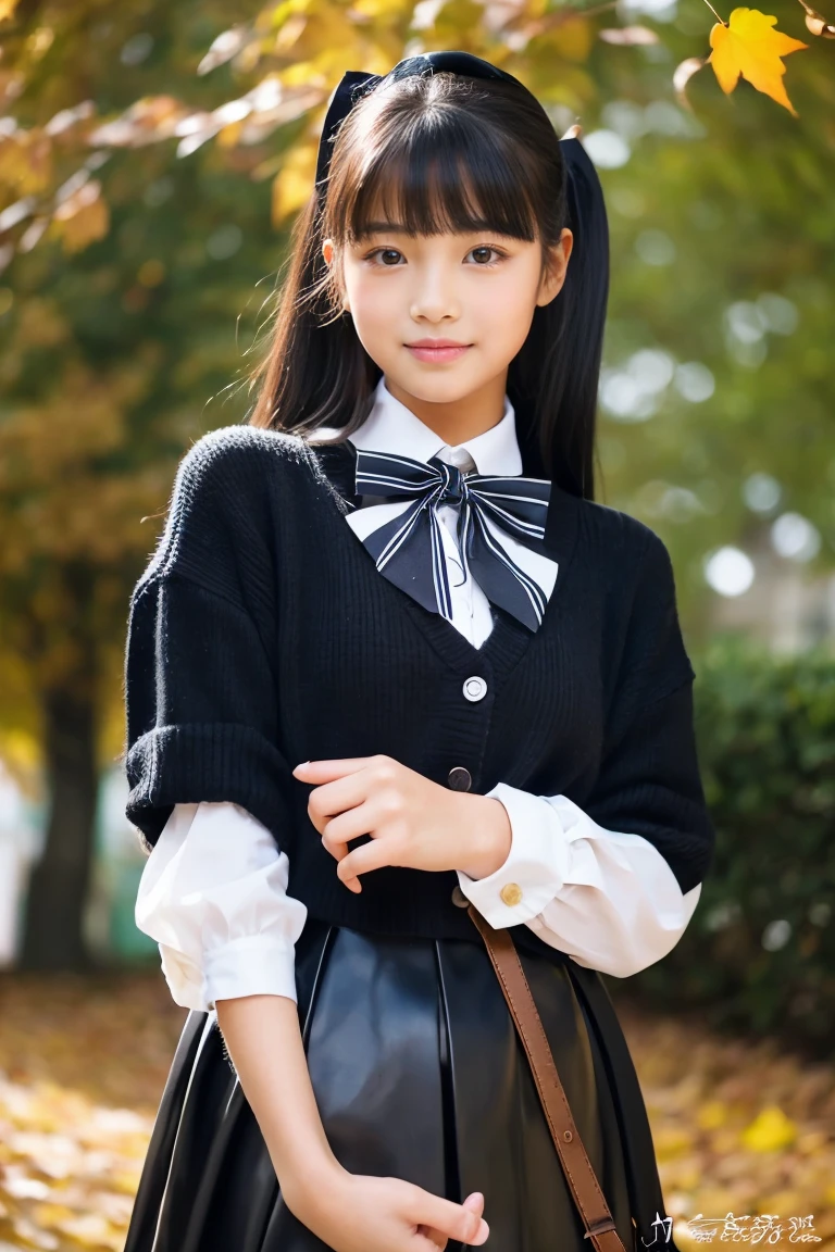 Autumn attire、bow ribbon、a beauty girl、、Black hair straight