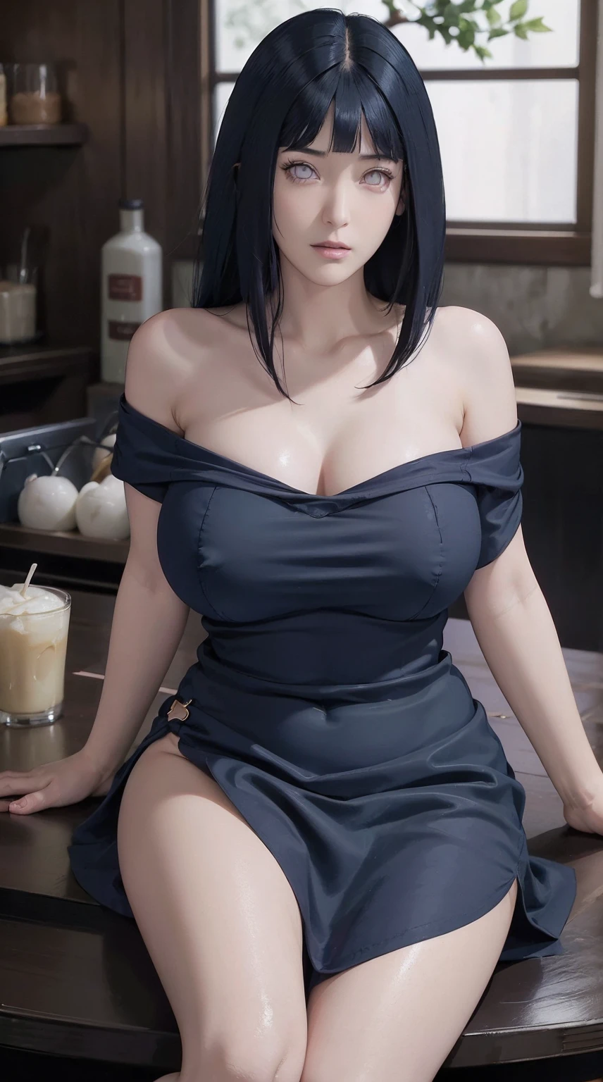 masterpiece, hinata\(boruto\), 1girl, mature woman, (((bare shoulder red dress))), (((get your breasts out))), (((boobs without bra))), (Cafe Background) , indoors, (sitting at the bar), (shy face), lip detail, beautiful face, blush, (pink lips), ((long hair)), purple eyes, gentle gaze, smile, super realistic, detail, realistic face and body, realistic hair, realistic eyes, realistic nose, realistic lips, seductive, straight bangs, (((dark blue hair))), 28 year old girl, (big breasts:1.5), perfect breasts, ( plump breasts), high heels, ((long legs)) - -s2