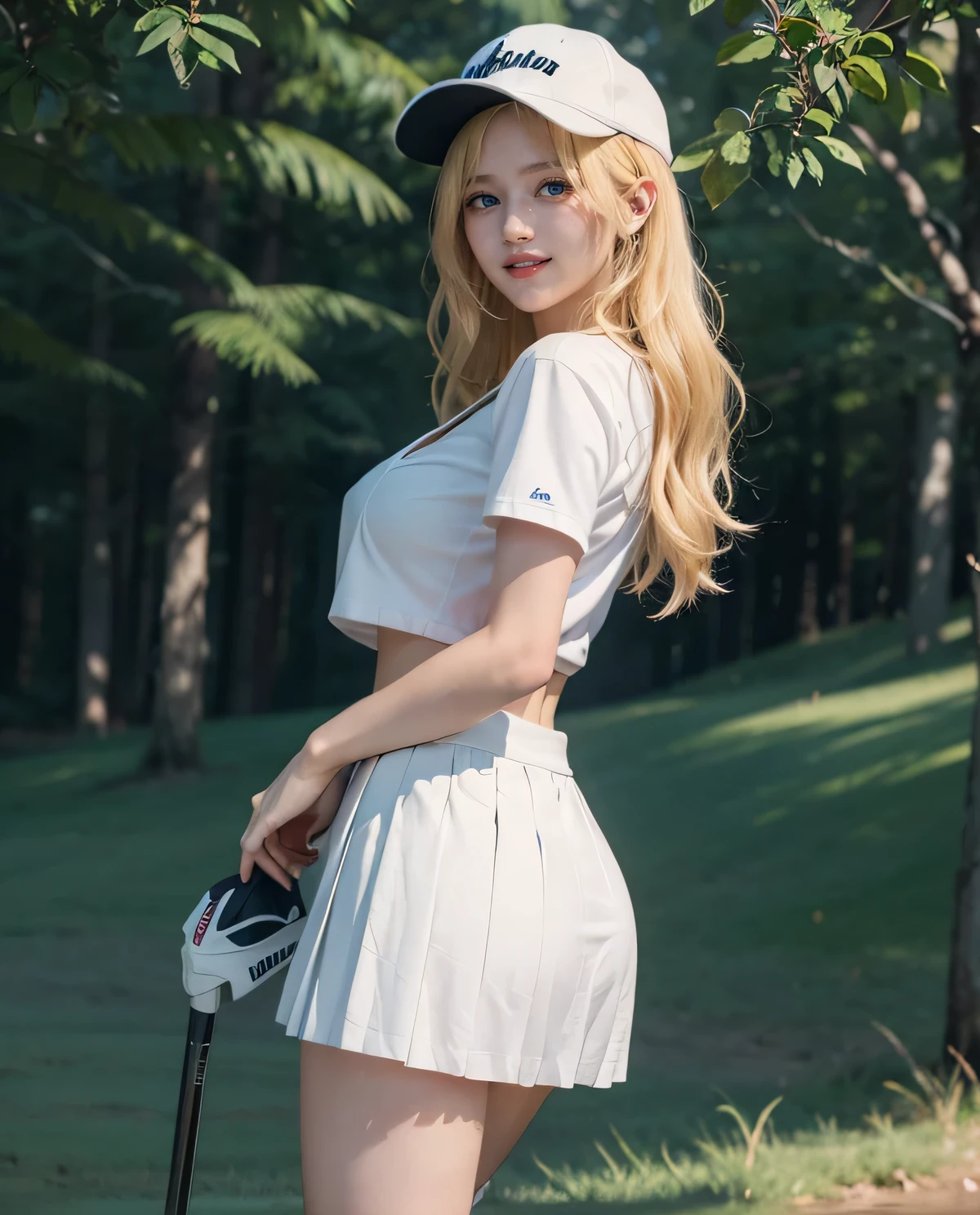 1womanl、(Solo)、(European)、(Super beautiful)、(ultra beautiful faces)、(A detailed face:1.5)、blue eyess、Smirk、(A detailed eye)、(Detailed lips)、(Detailed nose)、(tall:1.1)、Athlete body shape、(a blond:1.3)、(Her body is facing this way:1.5)、Crouching、(with spreading legs:1.2)、Before hitting the putter、(She is showing off her white panties:1.2)、(Hands behind your back:1.2)、Looking at the camera、Golf Wear、(pleatedskirt)、Golf Shoes、Being on the golf green、(With soft light:1.2)、(At SFW:1.1)