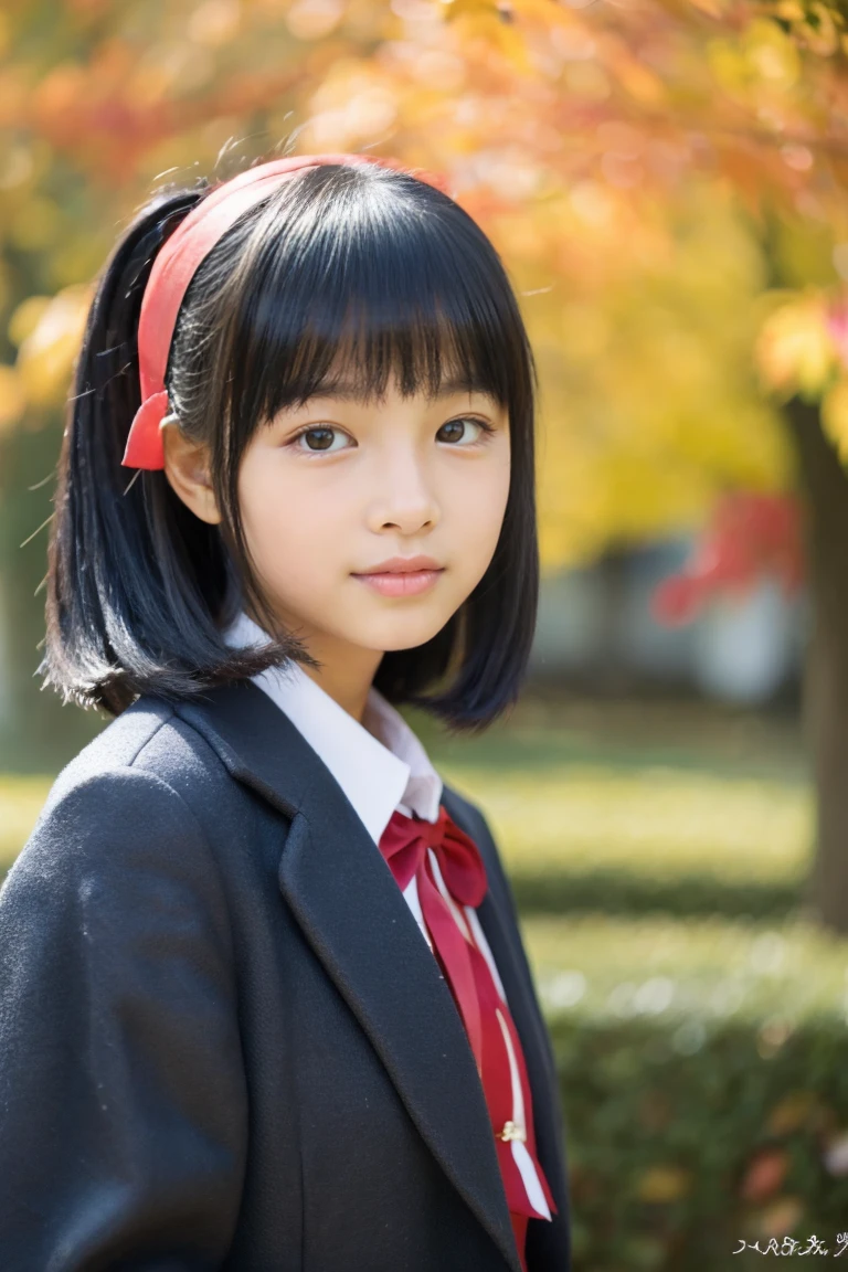 Autumn attire、bow ribbon、a beauty girl、15yo student、Black hair straight