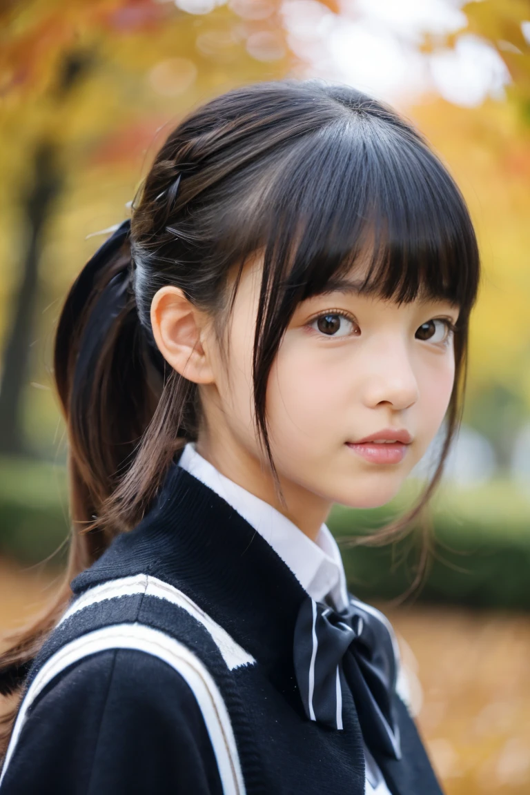 Autumn attire、bow ribbon、a beauty girl、15yo student、Black hair straight