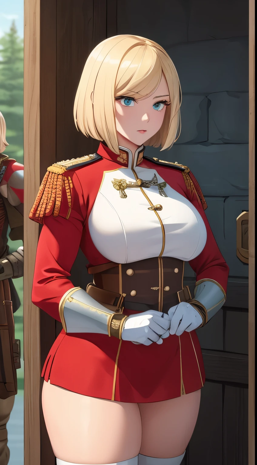 1 girl, light blonde hair, short hair, chin length hair, straight hair, light cyan eyes, beautiful eyes grenadier guard uniform, big breasts, thick thighs, muscular woman, soldier girl, military armor, in full military garb, infantry girl,  clean cel shaded, highly detailed exquisite fanart, phone wallpaper, royal guard, castle guard, tall woman, slim but muscular, medieval guard uniform, medieval guard, pale skin, serious, in guard