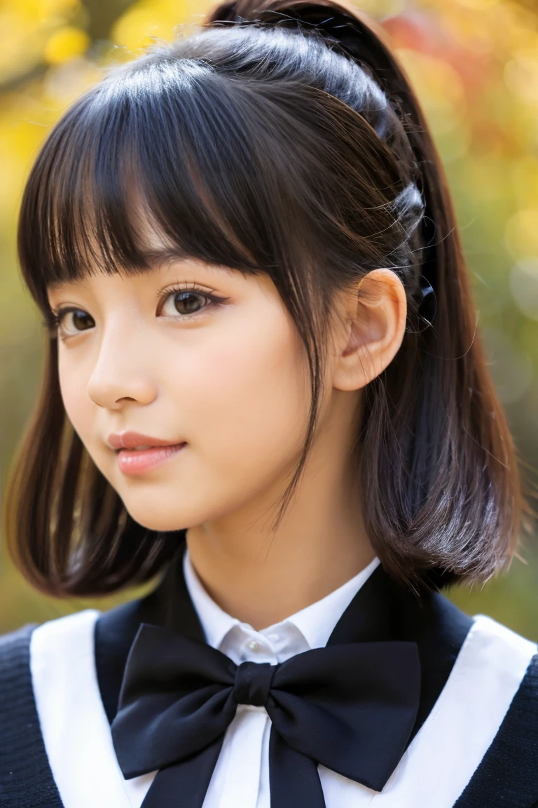 Autumn attire、bow ribbon、a beauty girl、17 age、Black hair straight