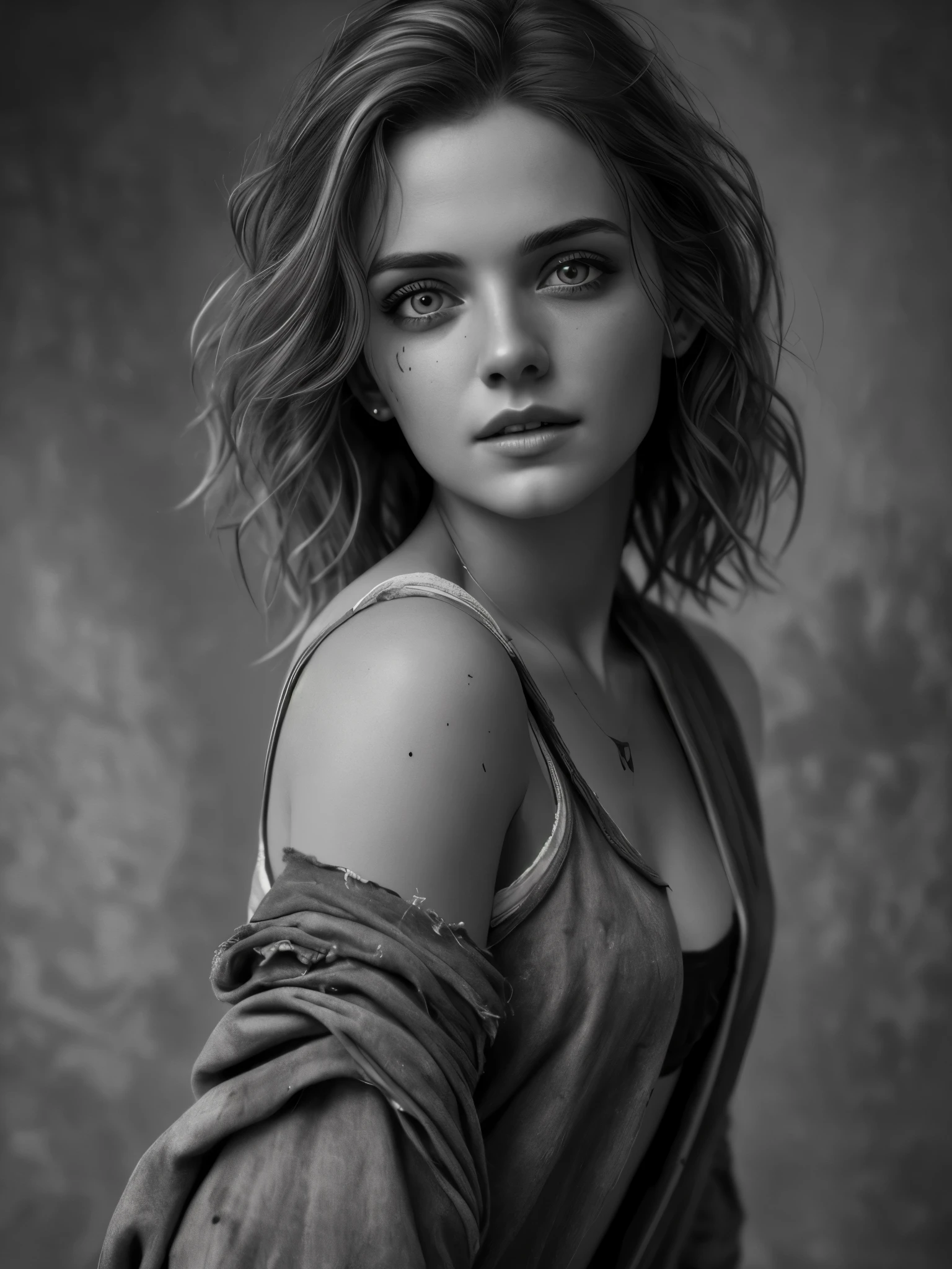 Photorealistic, masterpiece grayscale  photo, woman with messy hair and poor tattered clothes, cute sexy, (detailed medieval background), ultra sharp focus, detailed face, (((posing))),  random hair color, short hair, beautiful eyes, full body, high quality black and white image