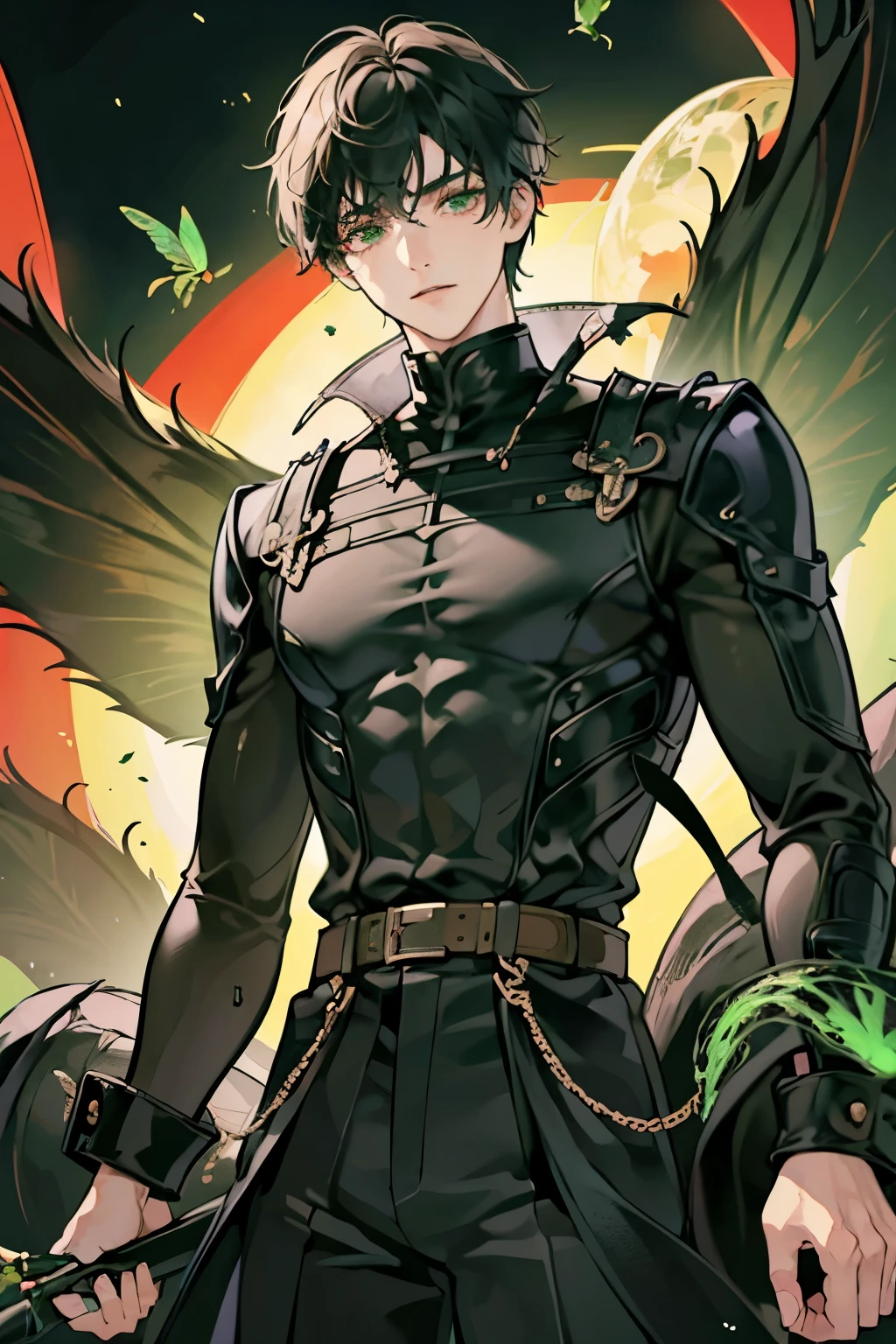 (best quality, high resolution, ultra detailed), a boy, ager, with black hair and toxic green eyes, surrounded by strange insects, of all sizes, and that look terrifying, seems comfortable with the insects, but the atmosphere is terrifying because of that, he holds what appears to be a centipede with red and black hues