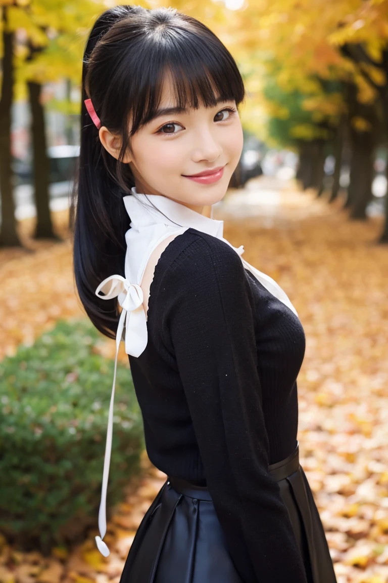 Autumn attire、bow ribbon、a beauty girl、、Black hair straight、A slight smil、