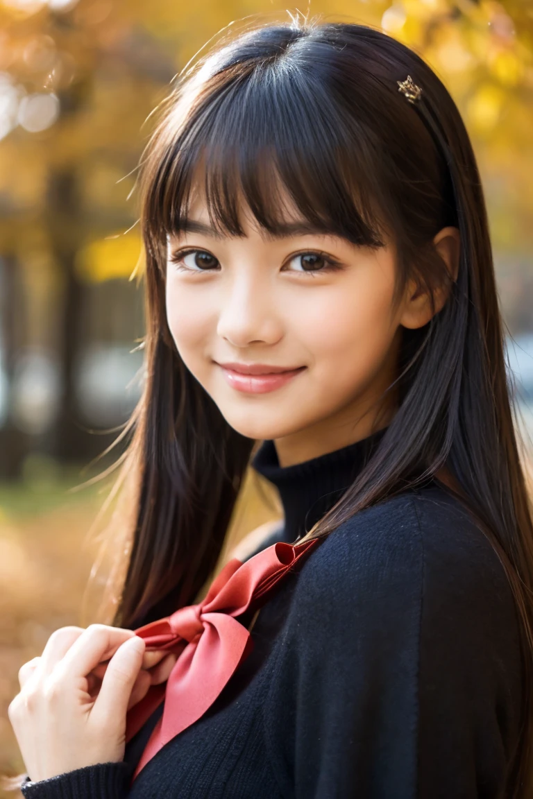 Autumn attire、bow ribbon、a beauty girl、、Black hair straight、A slight smil、